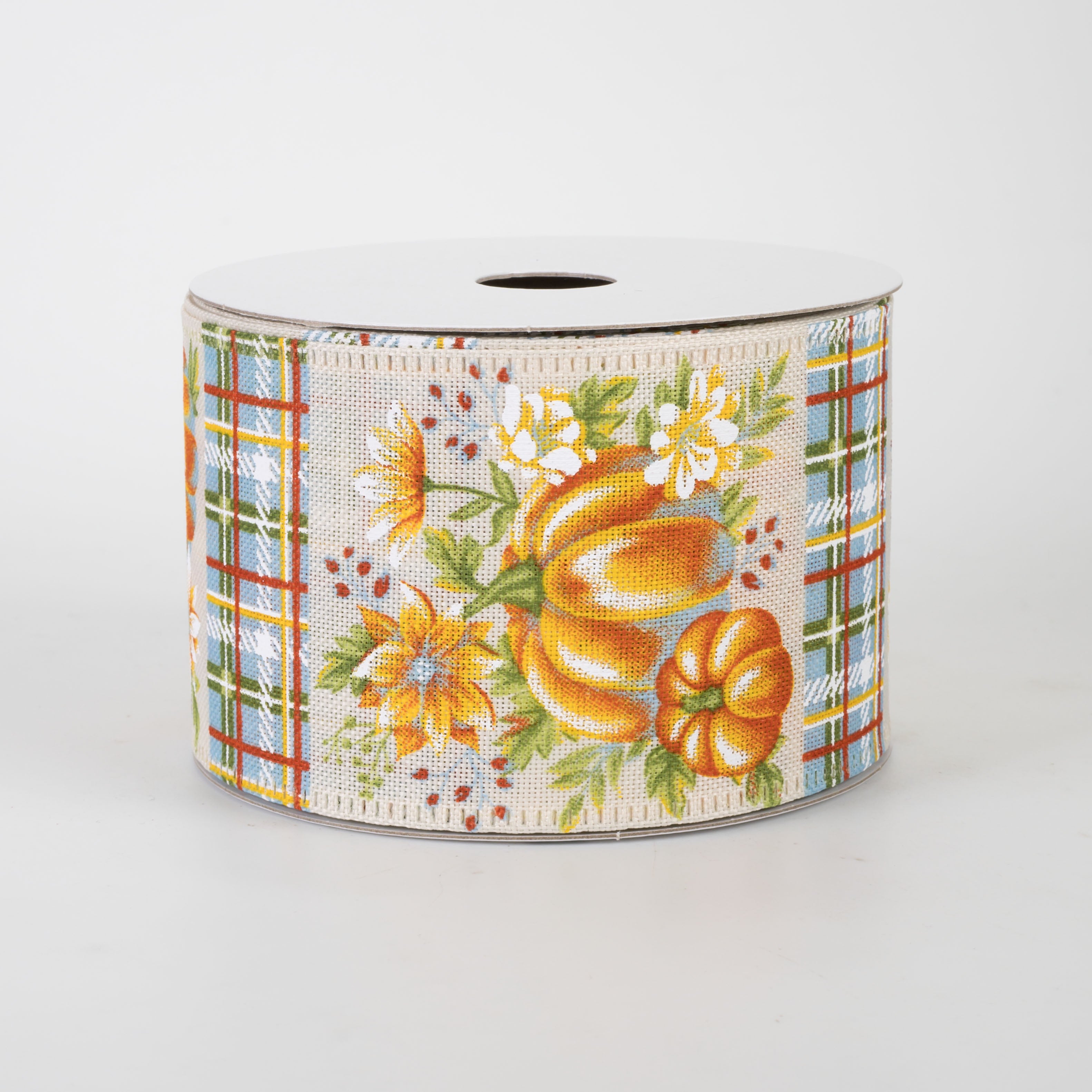 2.5" Blue & Orange Pumpkins & Plaid Ribbon: Ivory Linen (10 Yards)