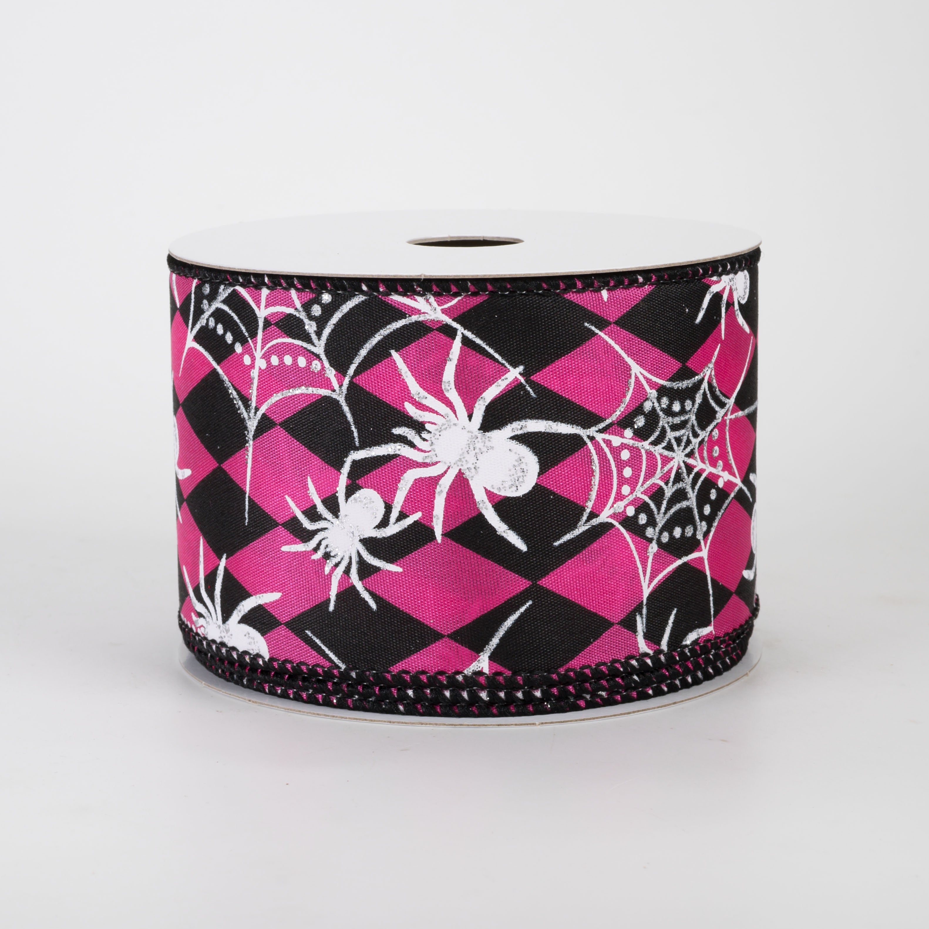 2.5" Spiderwebs on Harlequin Ribbon: Fuchsia Pink & Black (10 Yards)