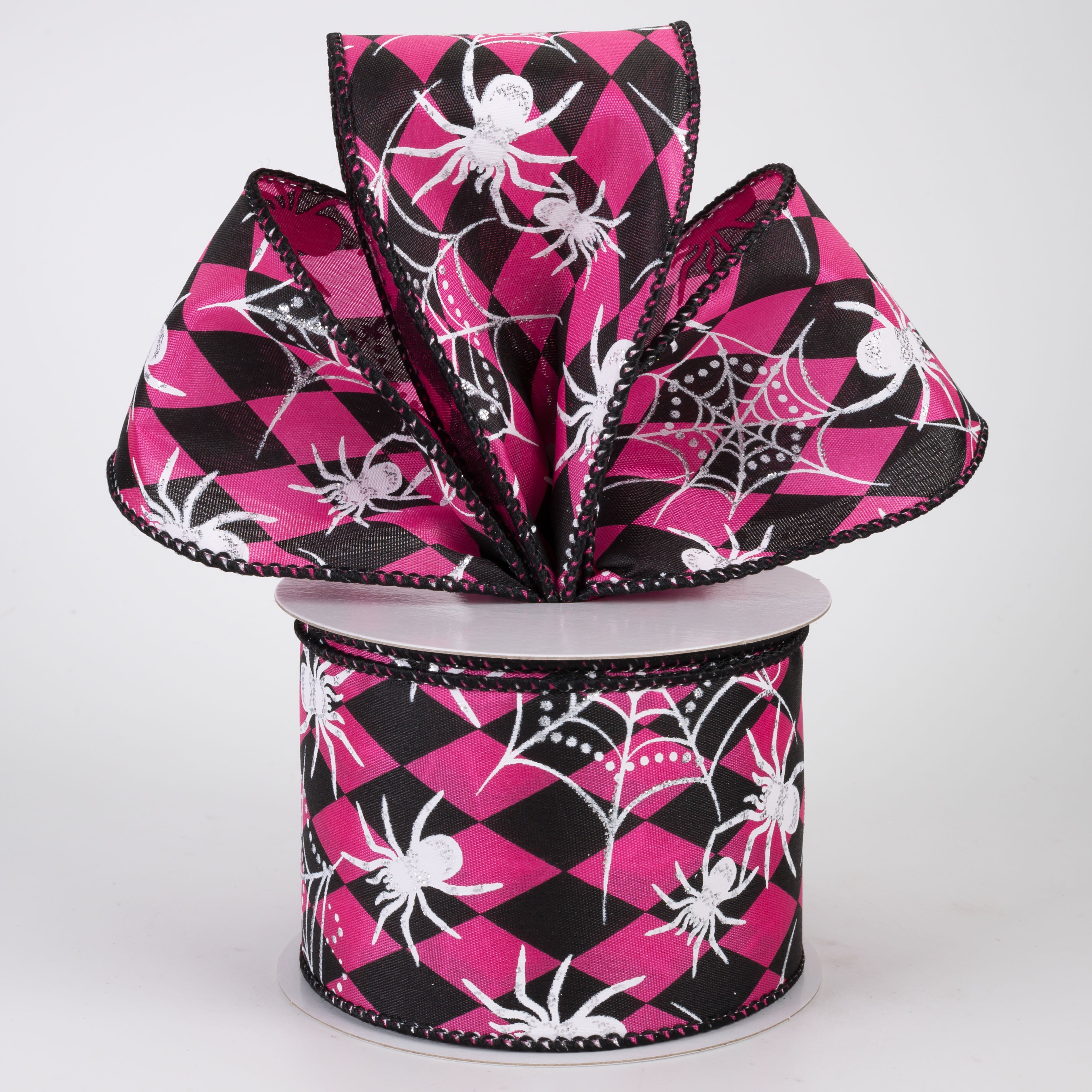 2.5" Spiderwebs on Harlequin Ribbon: Fuchsia Pink & Black (10 Yards)
