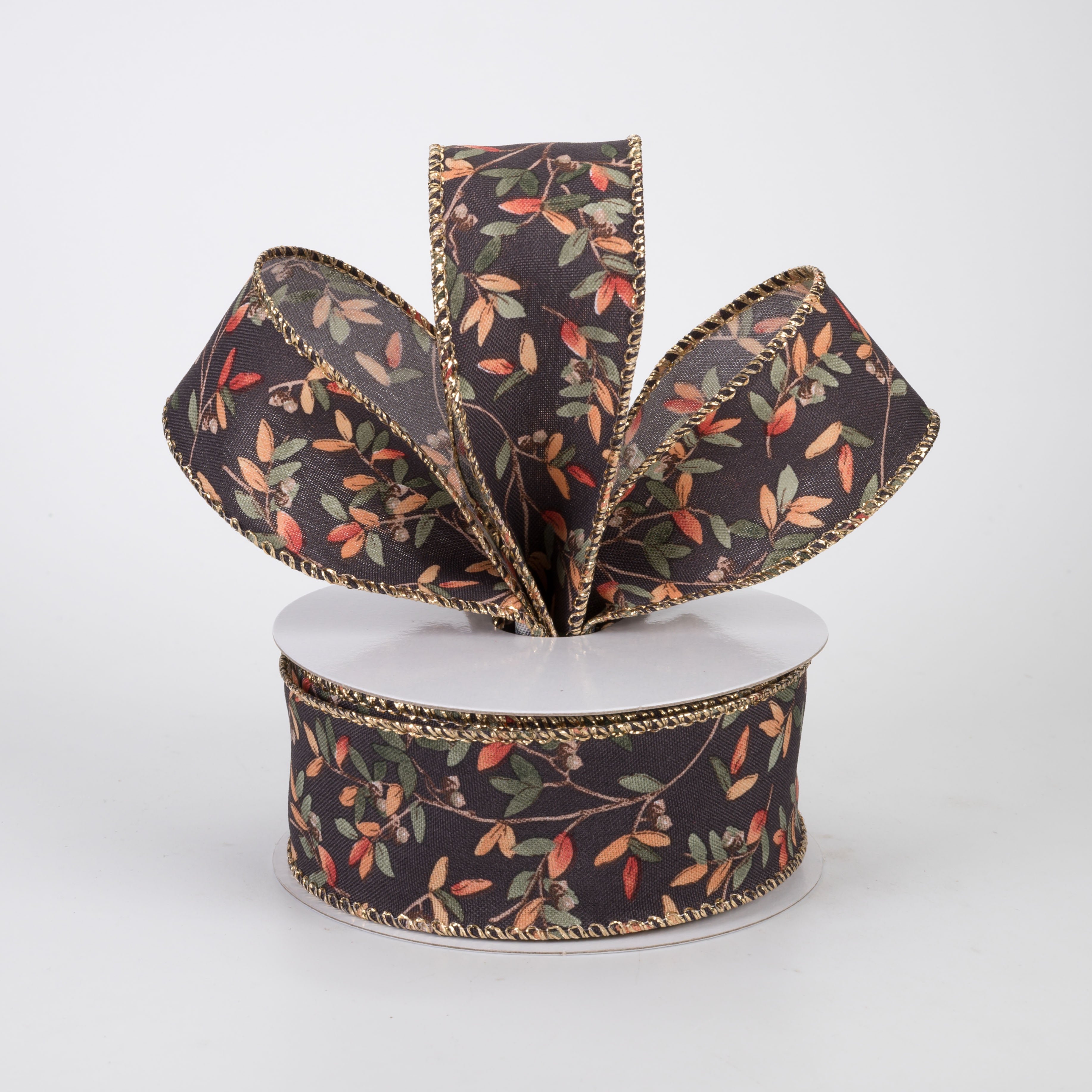1.5" Metallic Tiny Fall Leaves Ribbon: Dark Brown (10 Yards)