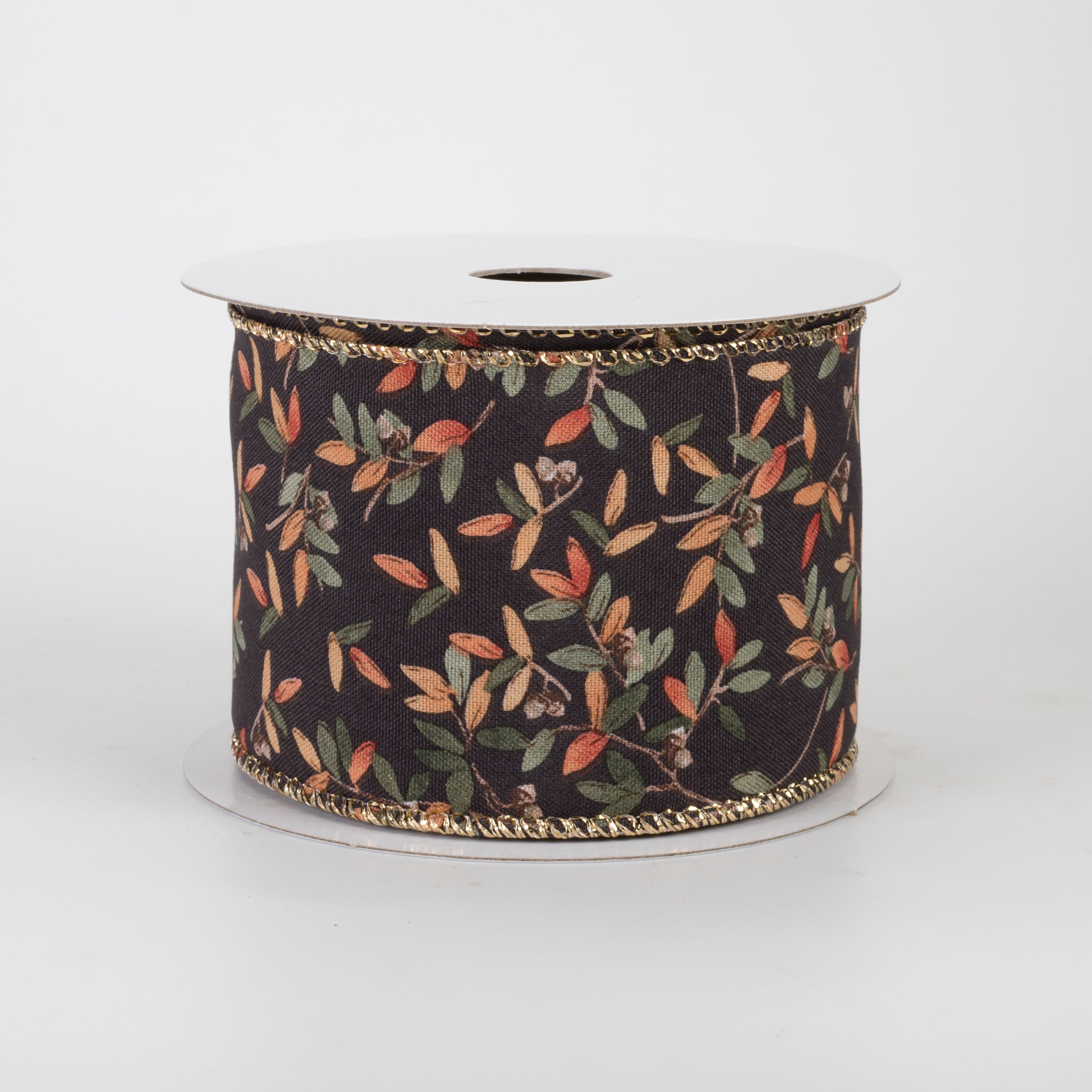 2.5" Metallic Tiny Fall Leaves Ribbon: Dark Brown (10 Yards)