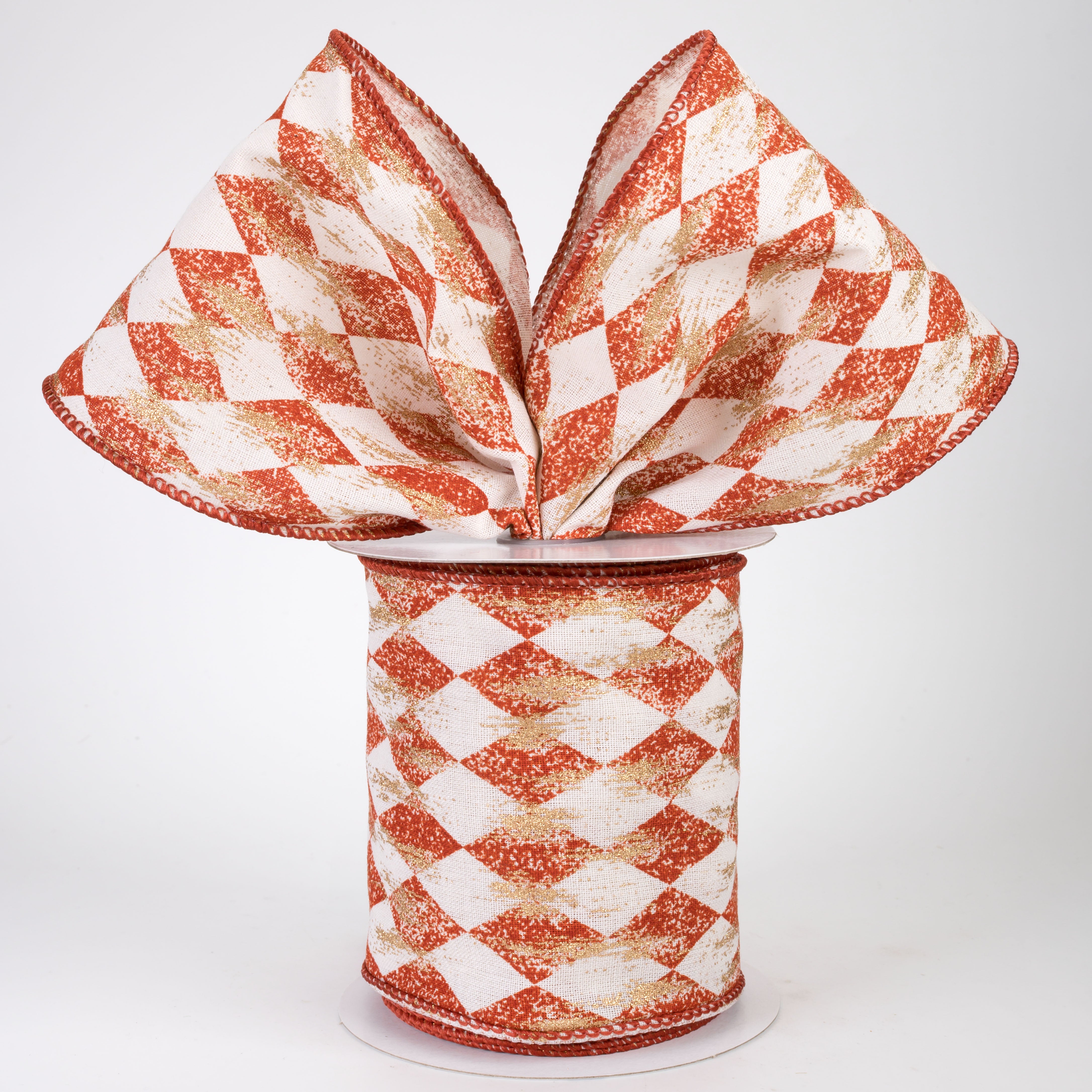 4" Canvas Harlequin Gold Painted Ribbon: Cream & Rust Orange (10 Yards)