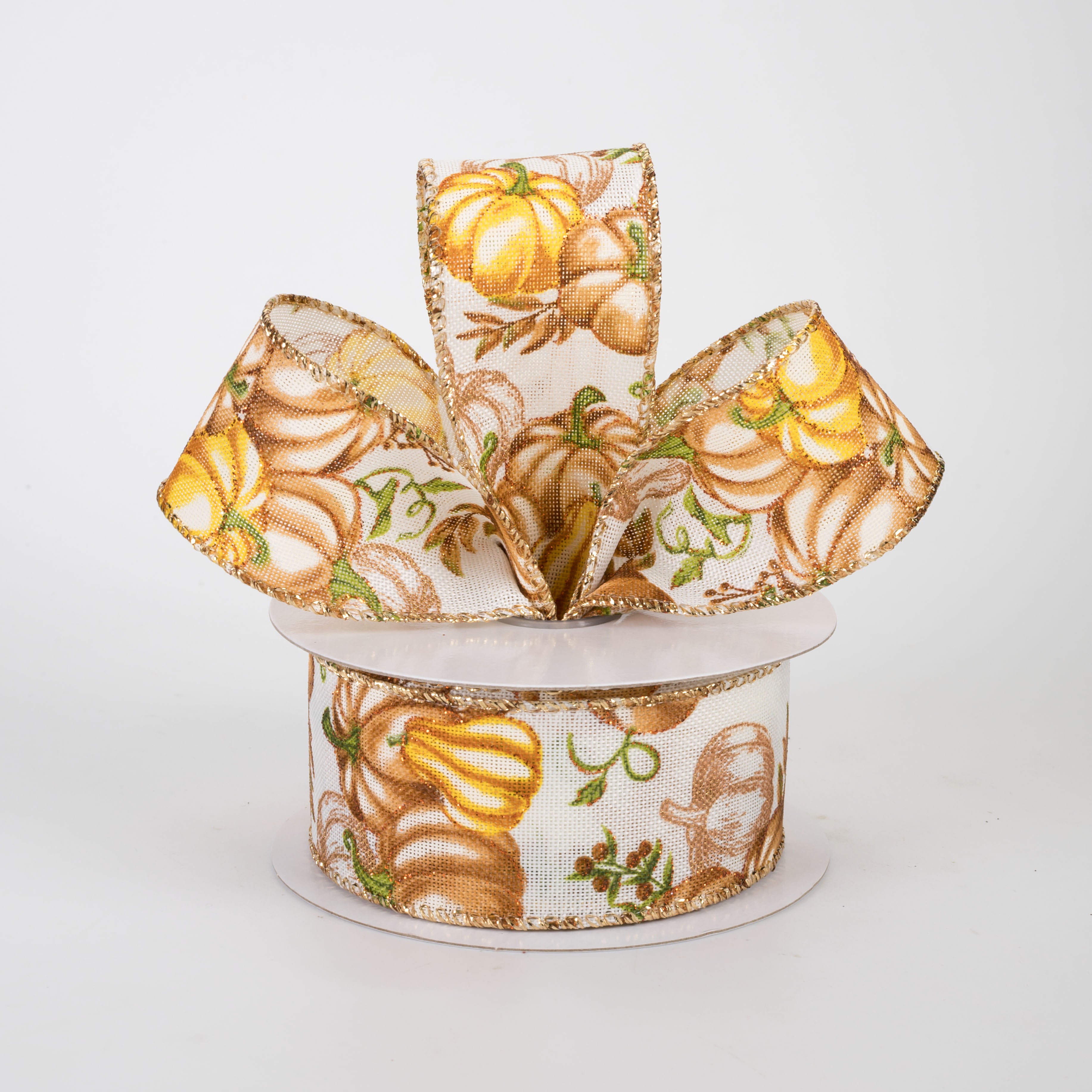 1.5" Yellow, Bronze & Gold Pumpkins Ribbon: Cream Linen (10 Yards)