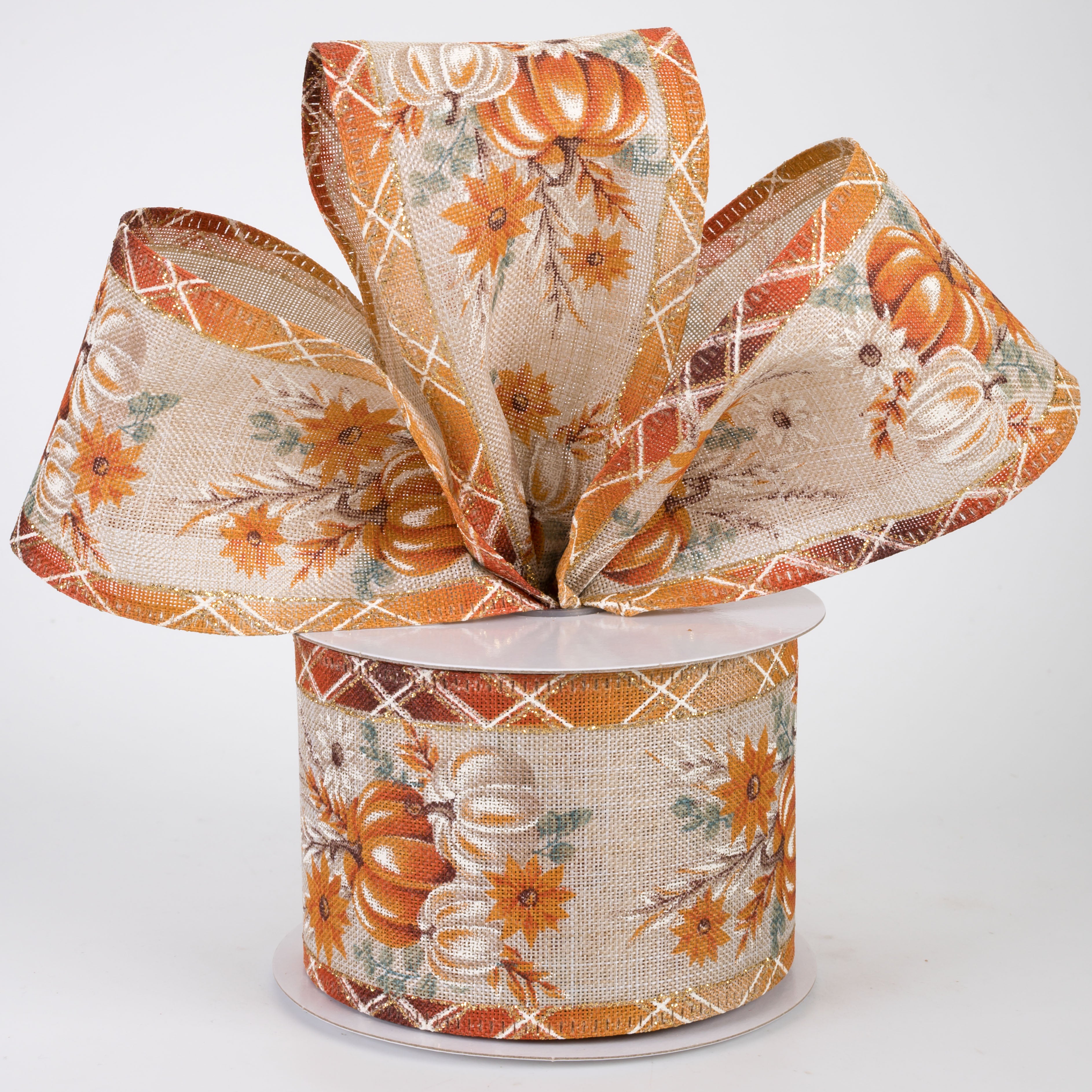 2.5" Pumpkins & Pampas Grass Plaid Edge Ribbon (10 Yards)