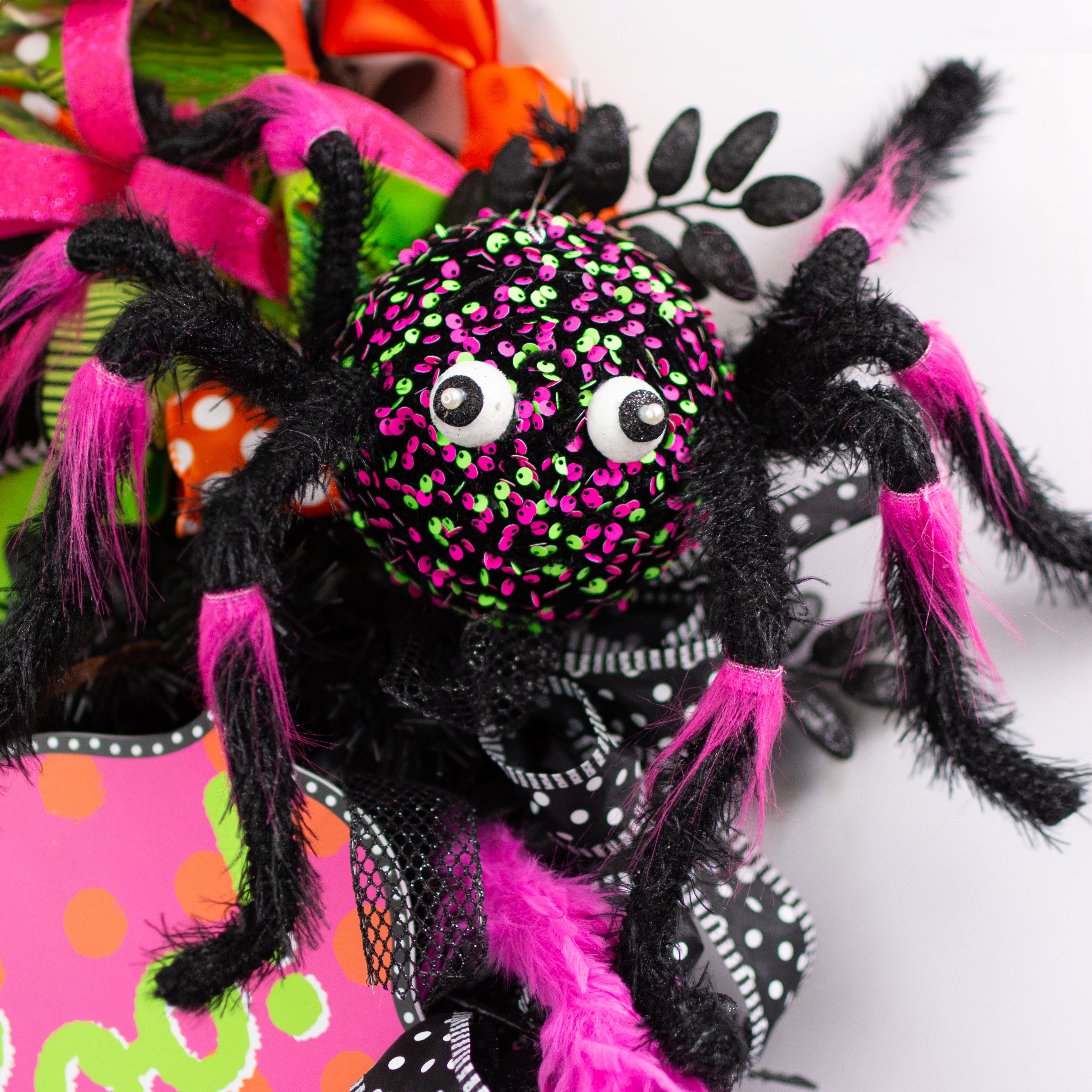 Neon Sequin Fuzzy Spider Ornament: Pink & Green