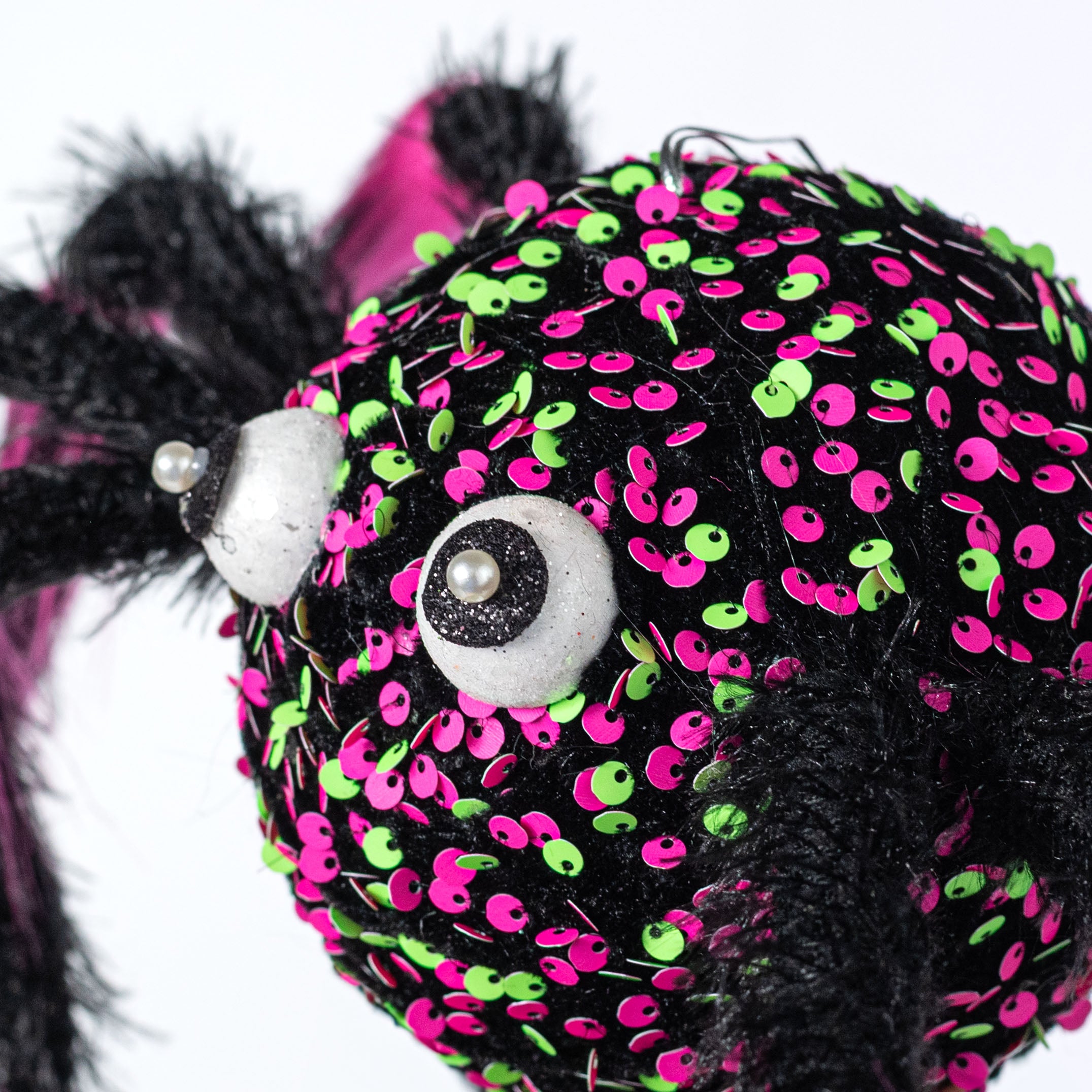 Neon Sequin Fuzzy Spider Ornament: Pink & Green