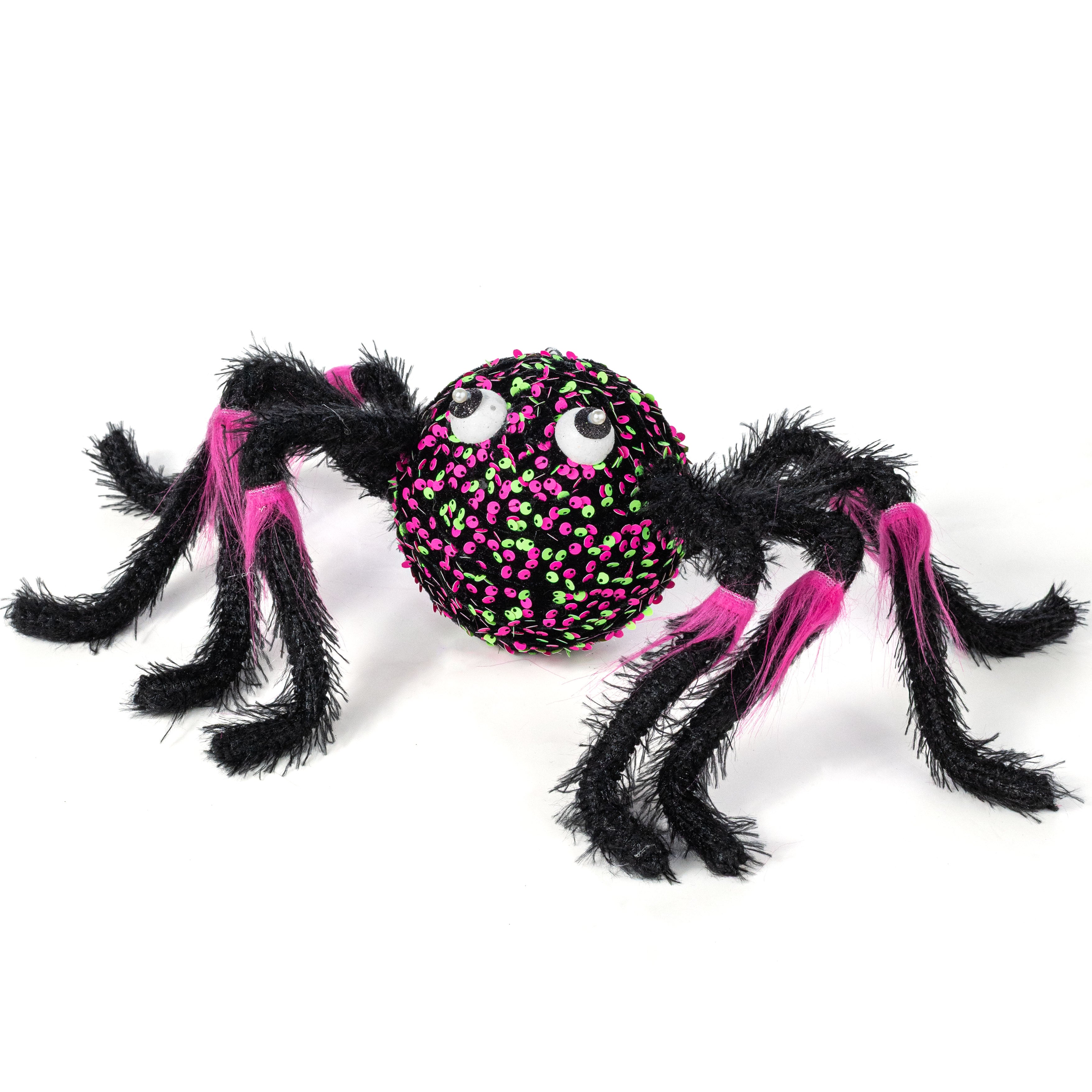Neon Sequin Fuzzy Spider Ornament: Pink & Green