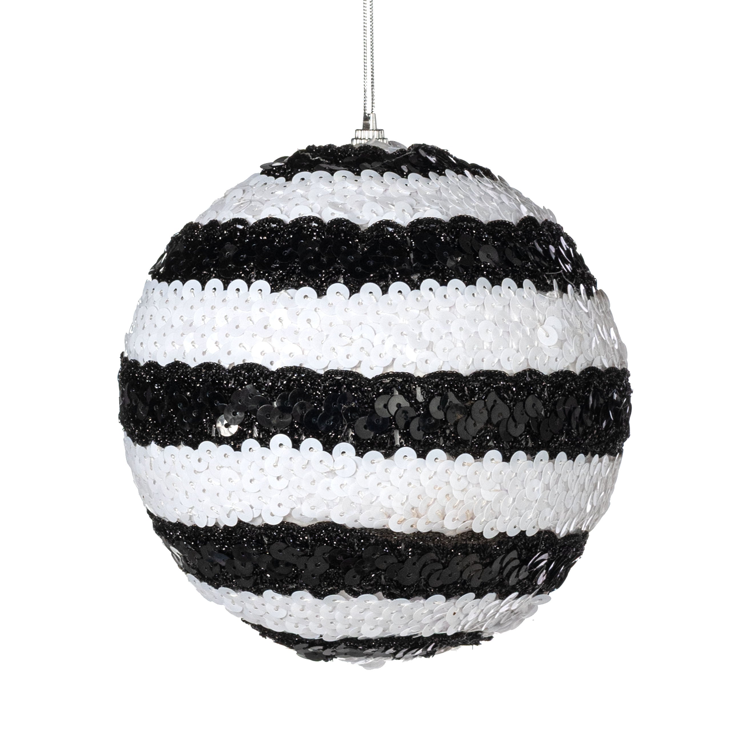 6" Sequin Stripe Ball Ornament: Black & White