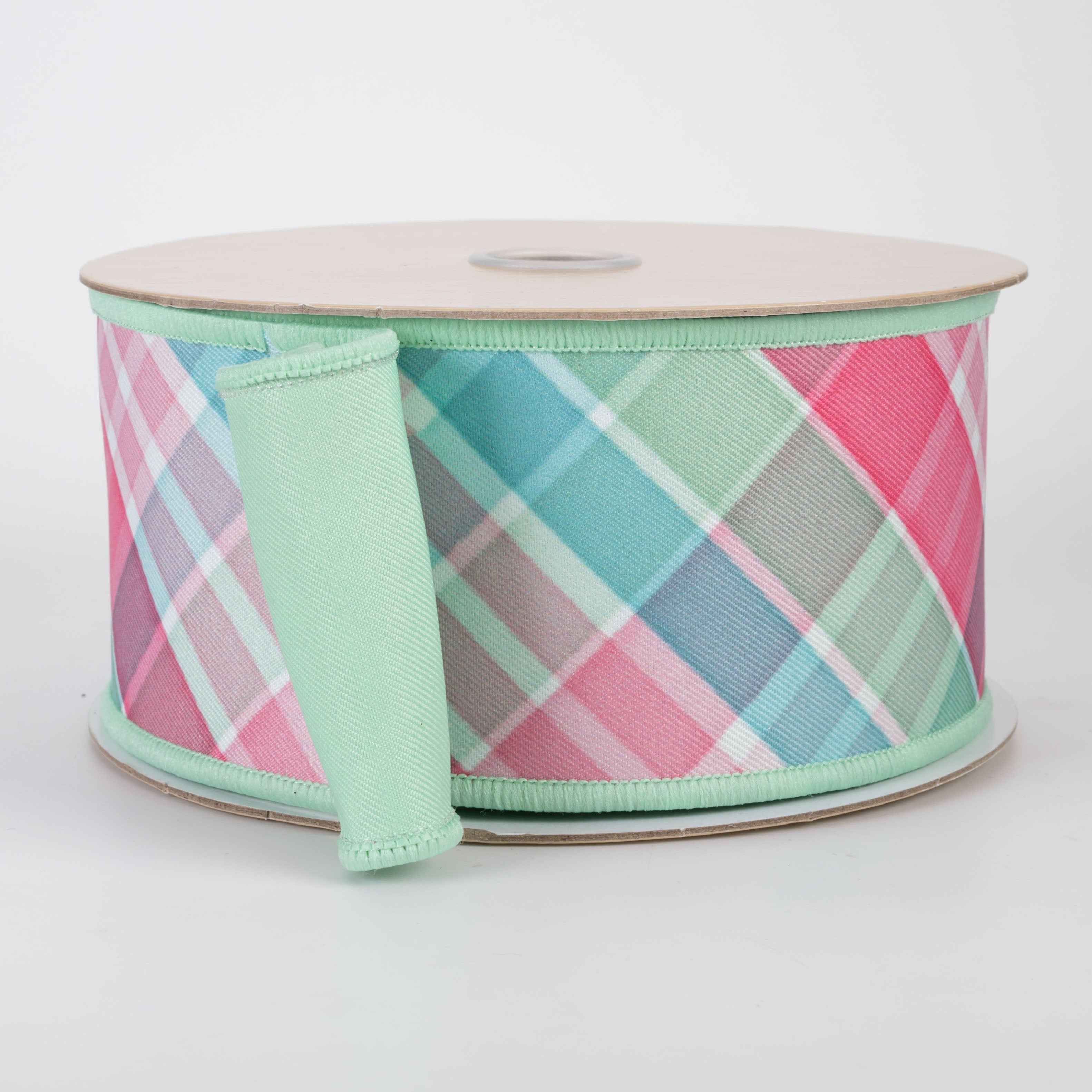 2.5" Double Sided Fused Diagonal Plaid Ribbon: Teal, Pink & Mint (10 Yards)
