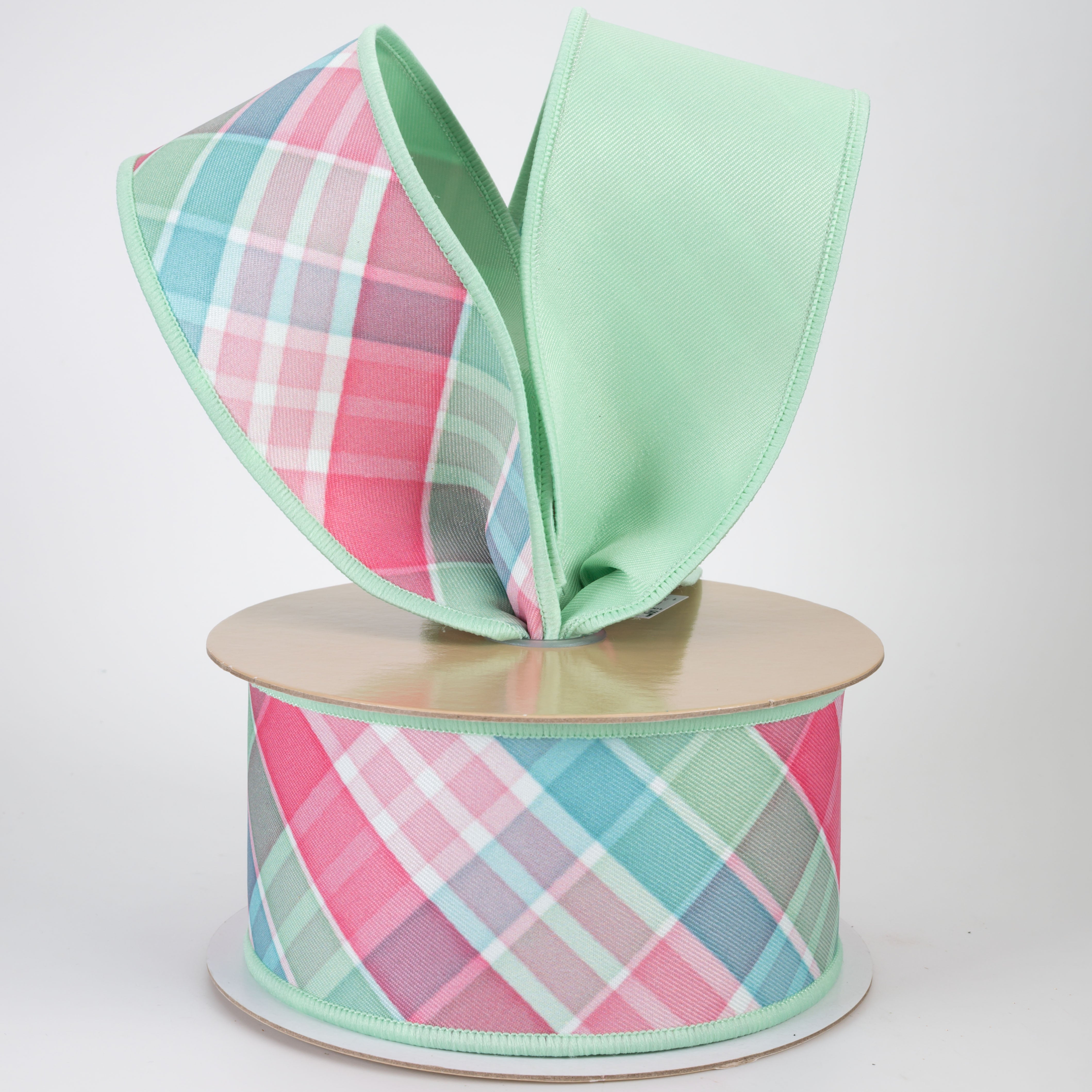 2.5" Double Sided Fused Diagonal Plaid Ribbon: Teal, Pink & Mint (10 Yards)