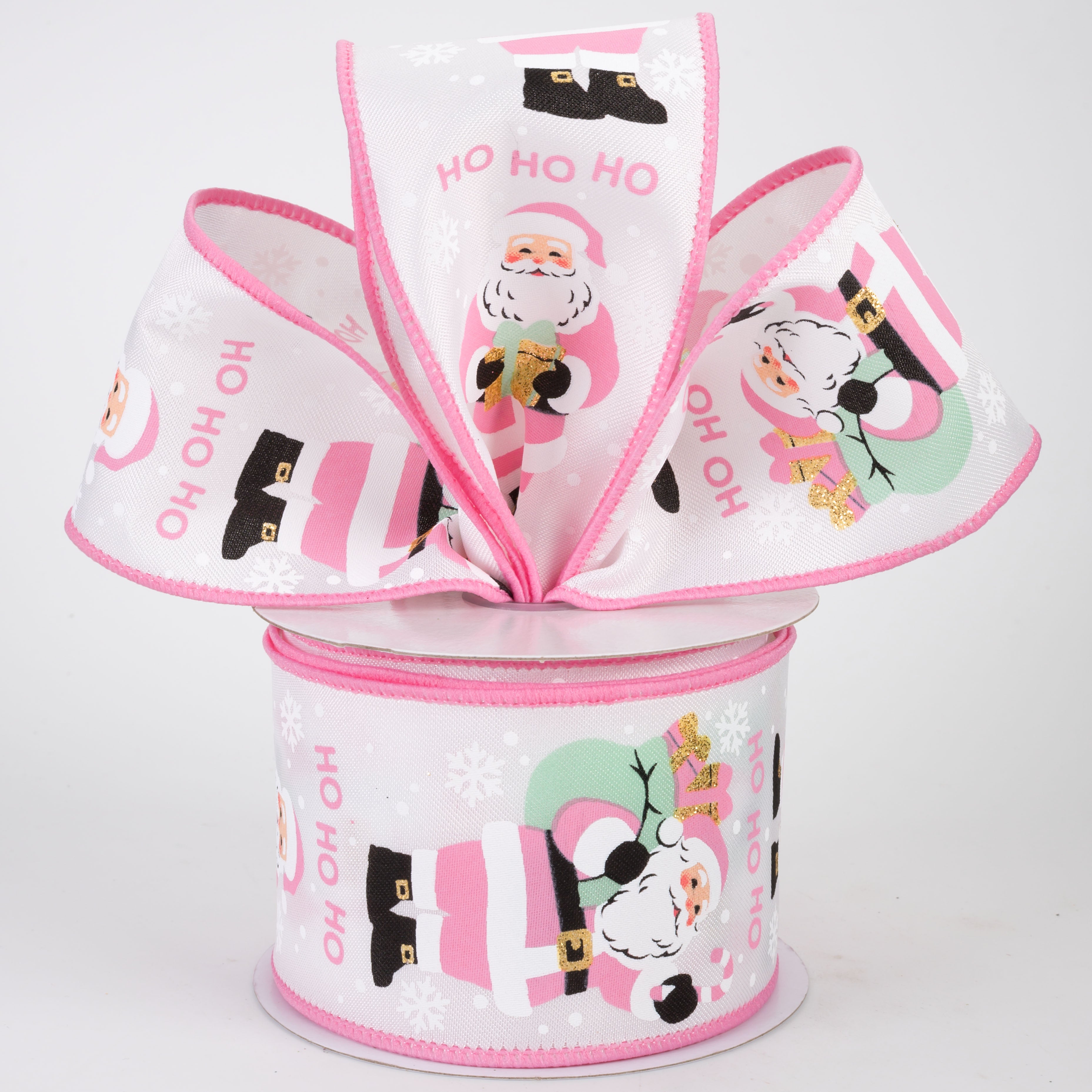 2.5" Pink Santa Clause Ribbon: White (10 Yards)