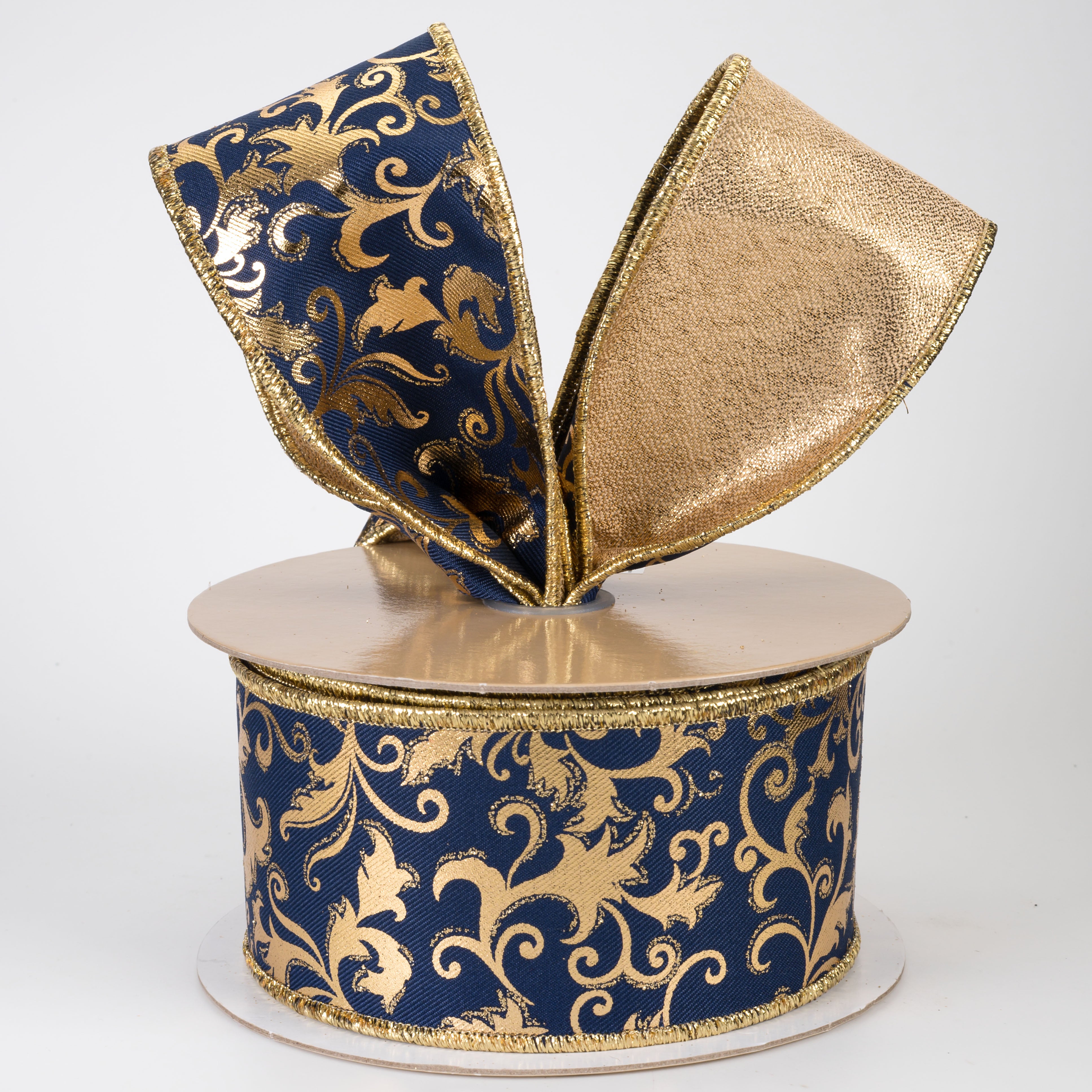 2.5" Double Sided Fused Metallic Swirl Leaf Ribbon: Navy & Gold (10 Yards)
