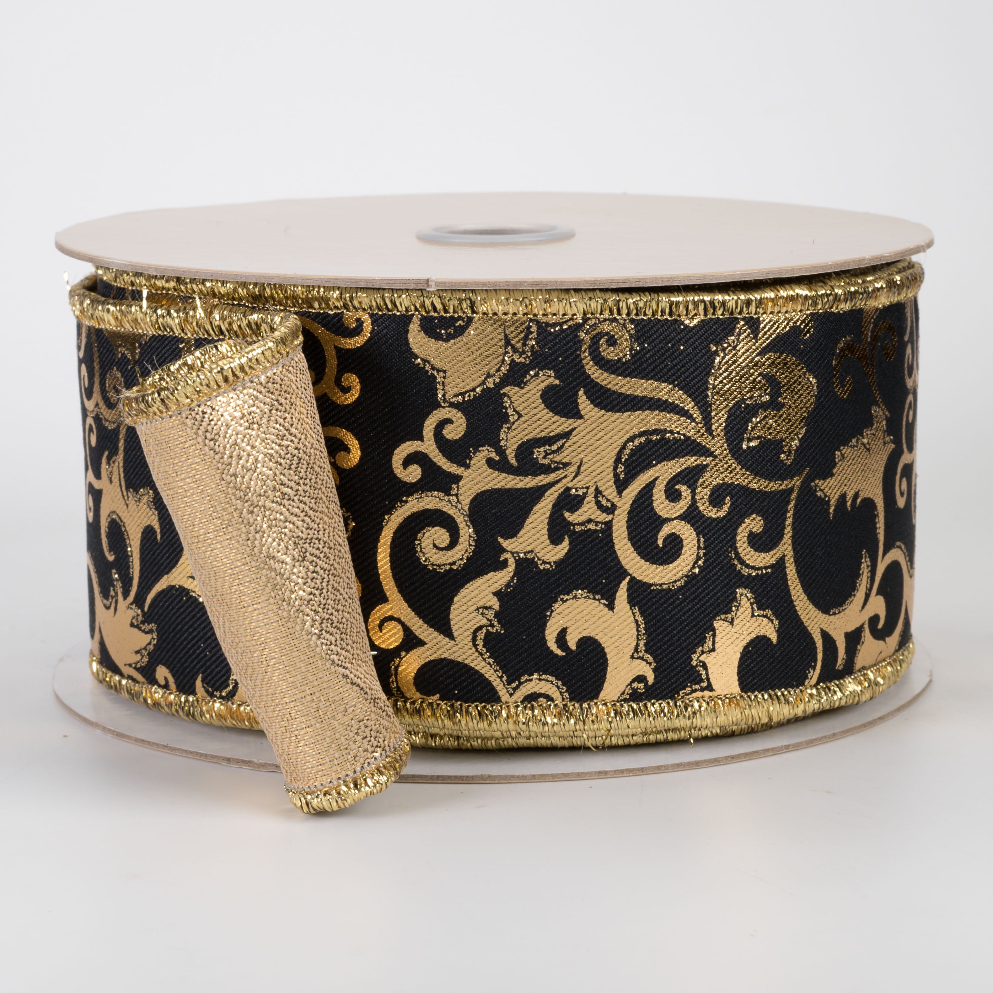 2.5" Double Sided Fused Metallic Swirl Leaf Ribbon: Black & Gold (10 Yards)