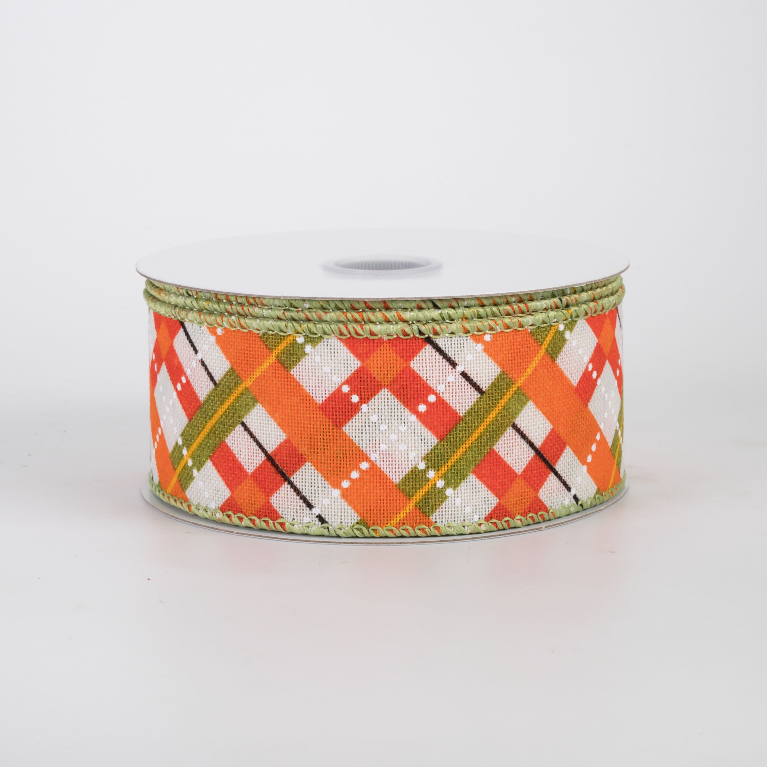1.5" Canvas Wrigley Plaid Ribbon: Orange & Moss (10 Yards)