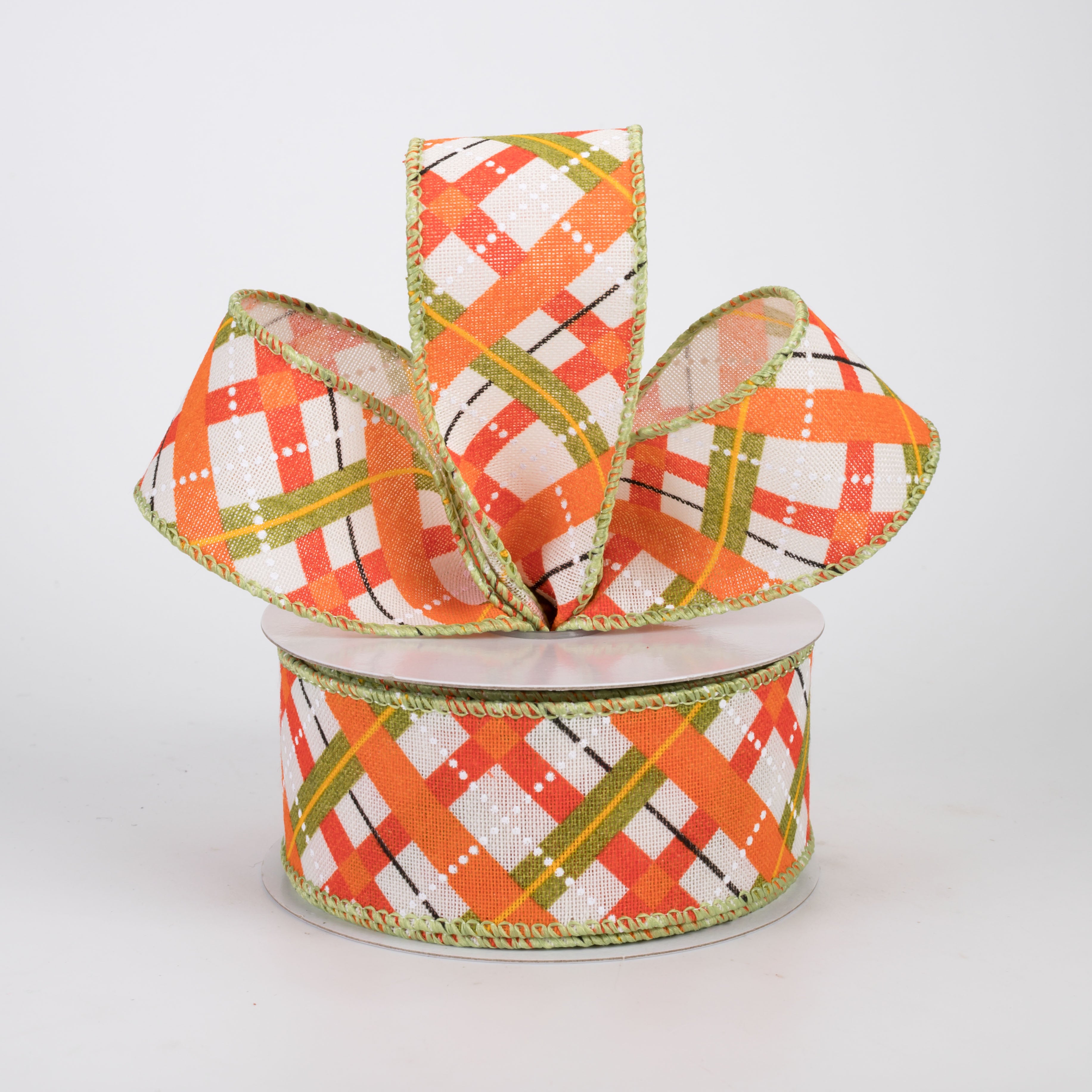 1.5" Canvas Wrigley Plaid Ribbon: Orange & Moss (10 Yards)