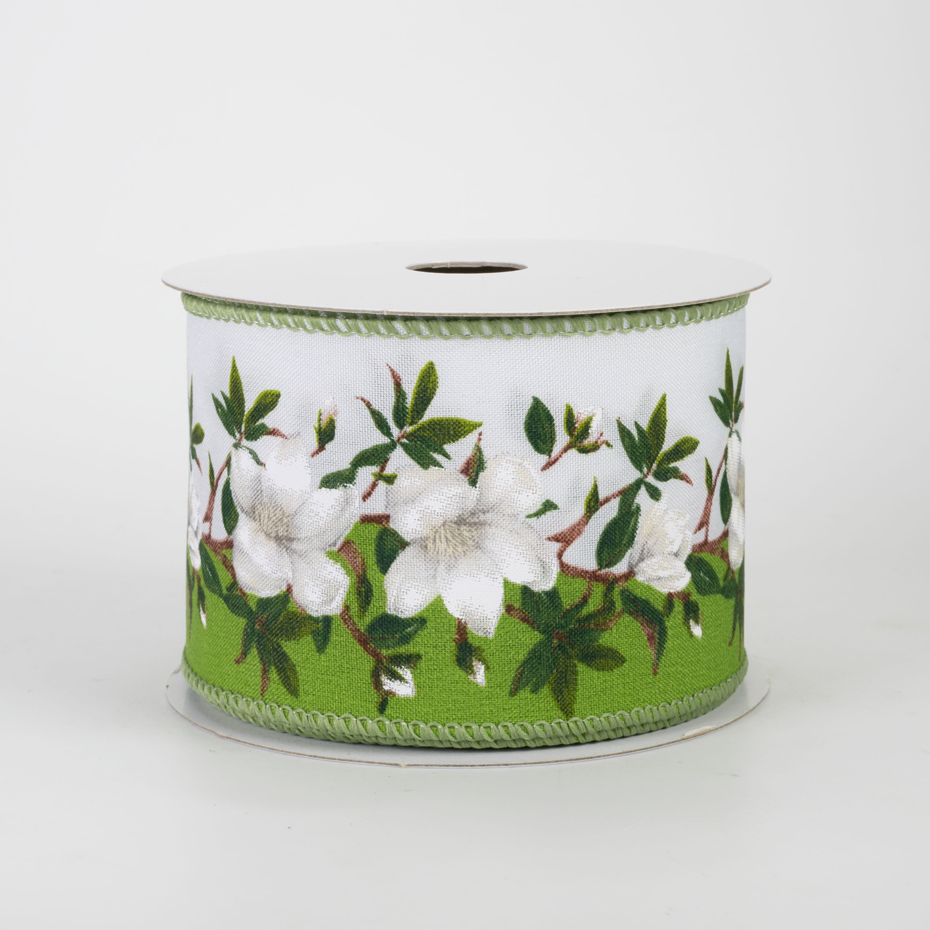2.5" Dual Magnolia Flowers Ribbon: White & Kiwi Green (10 Yards)