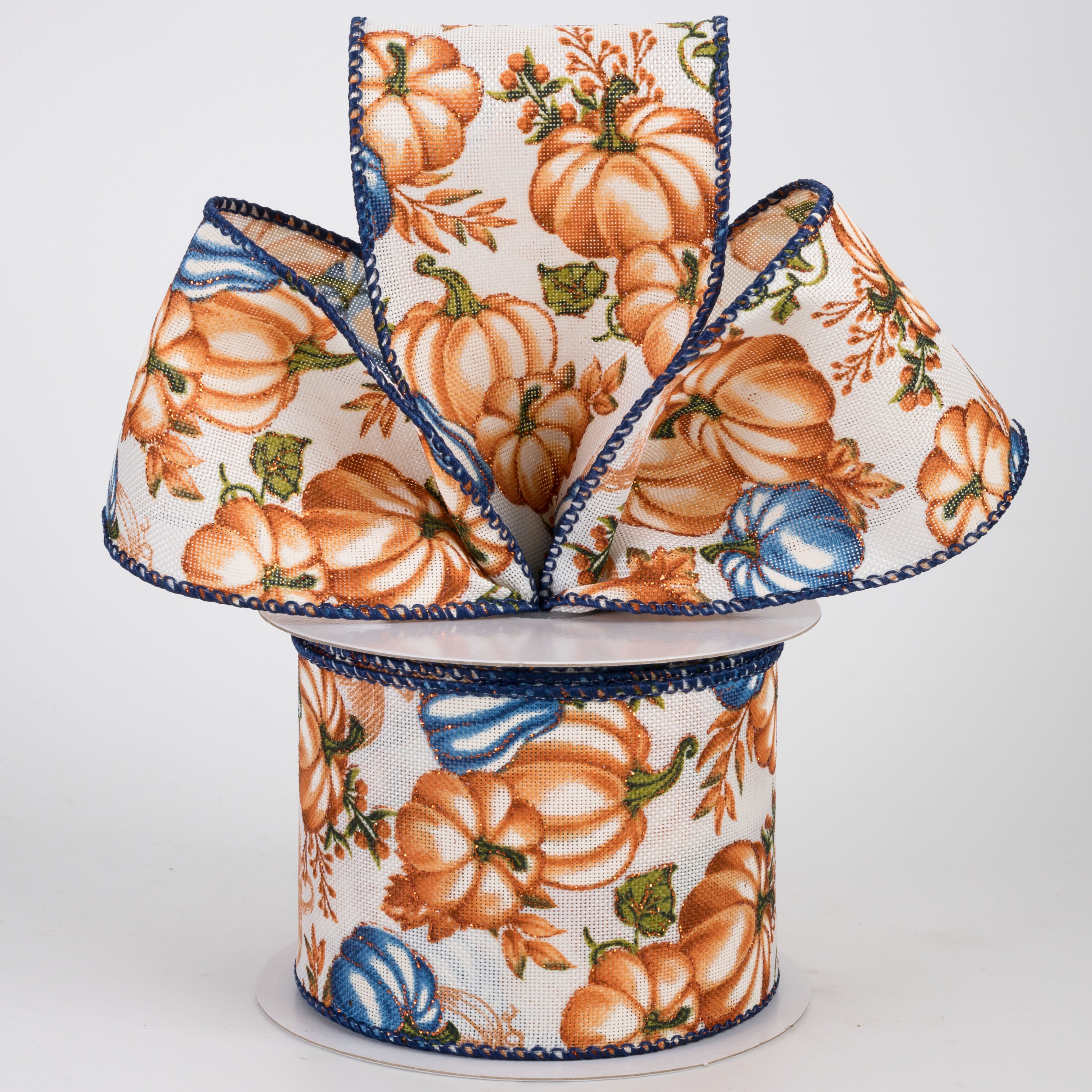 2.5" Rust, Blue & Gold Pumpkins Ribbon: Cream Linen (10 Yards)