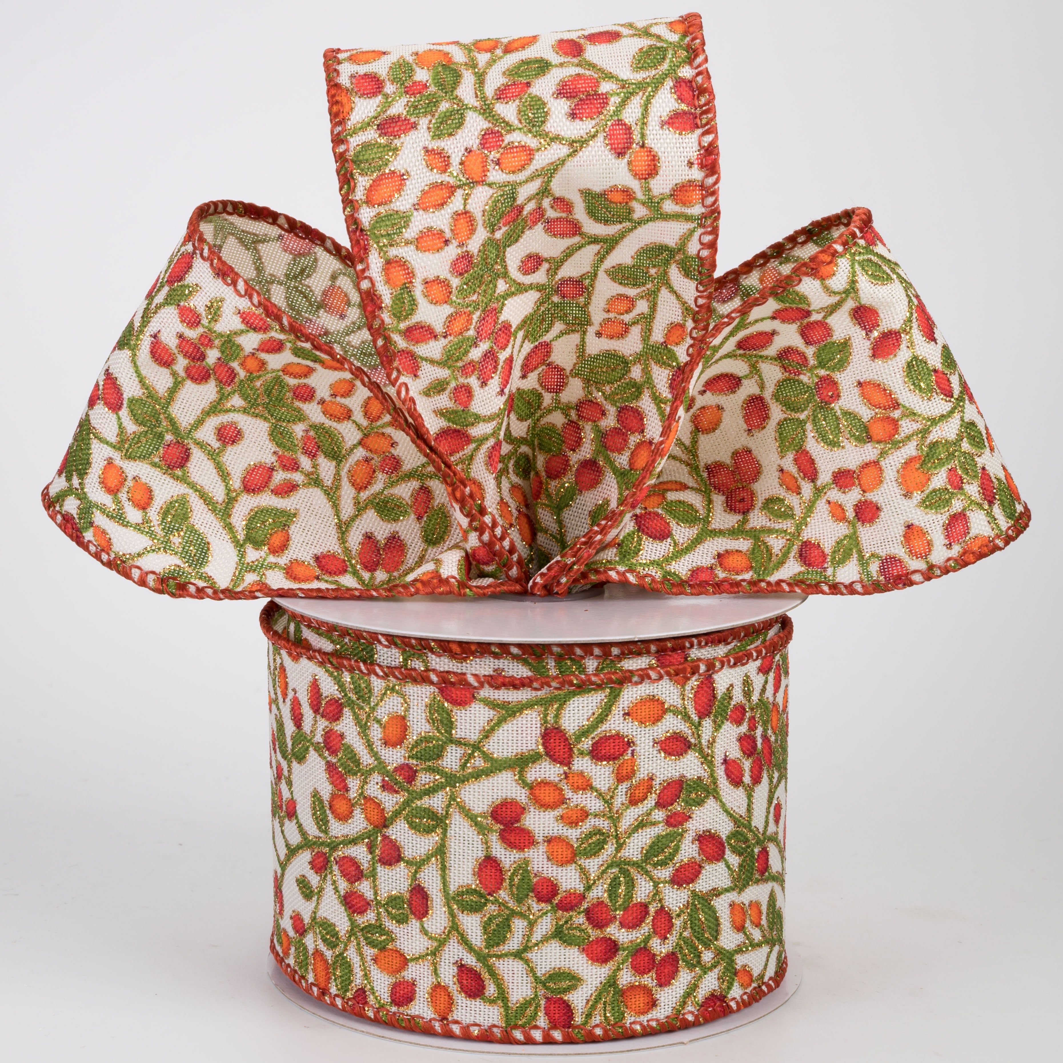 2.5" Linen Fall Berries Ribbon: Ivory (10 Yards)