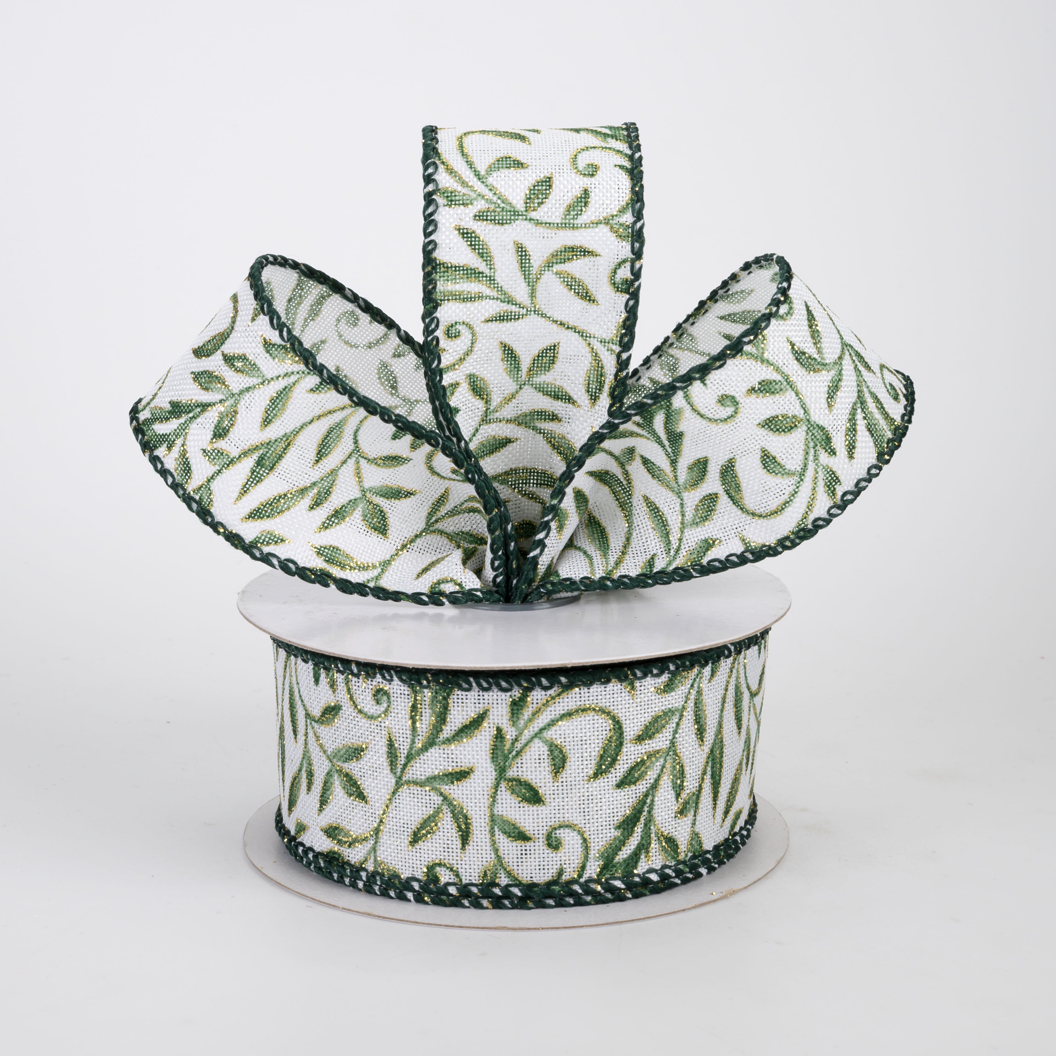 1.5" Linen Glittered Foliage Swirls Ribbon: Moss on Ivory (10 Yards)