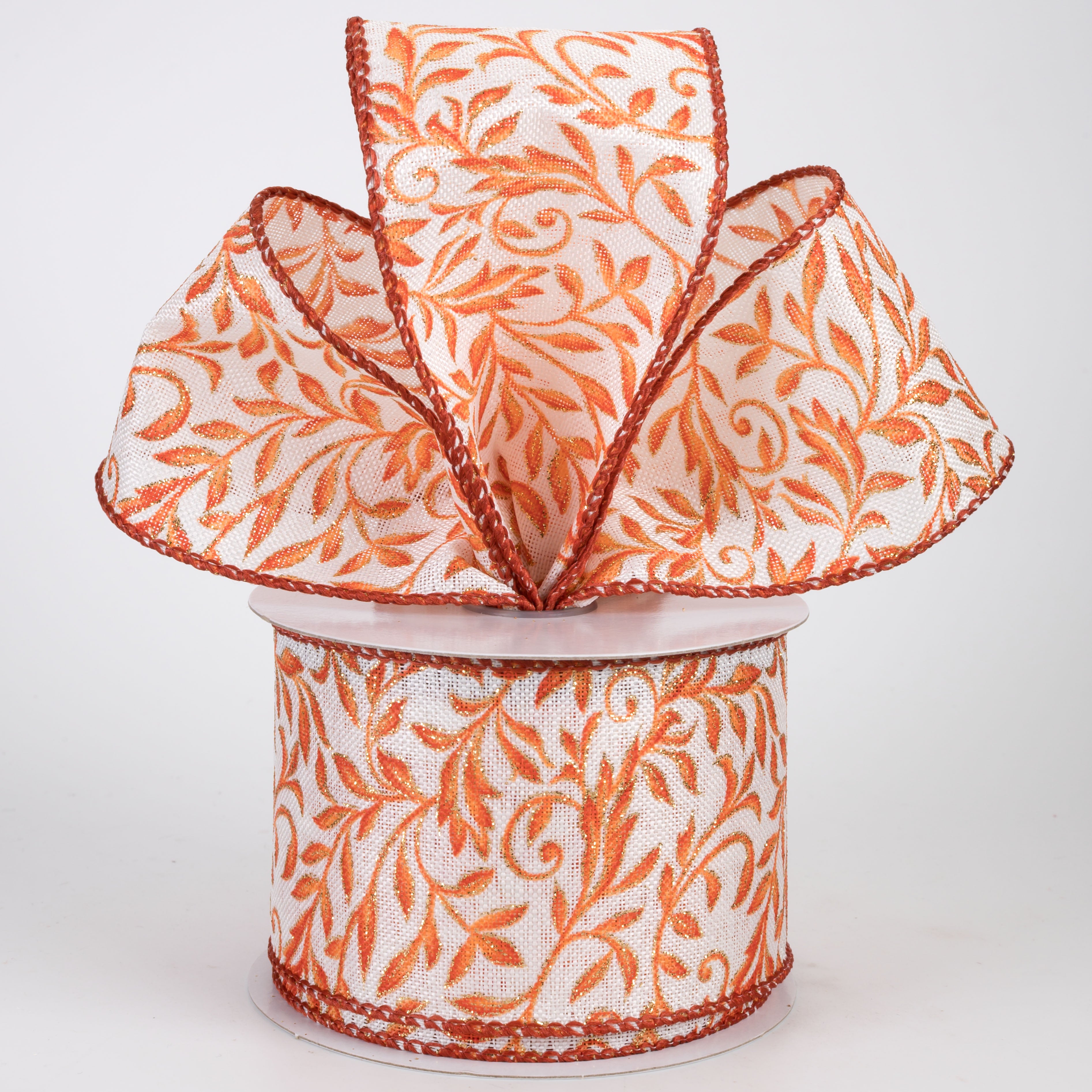 2.5" Linen Glittered Foliage Swirls Ribbon: Rust on Ivory (10 Yards)