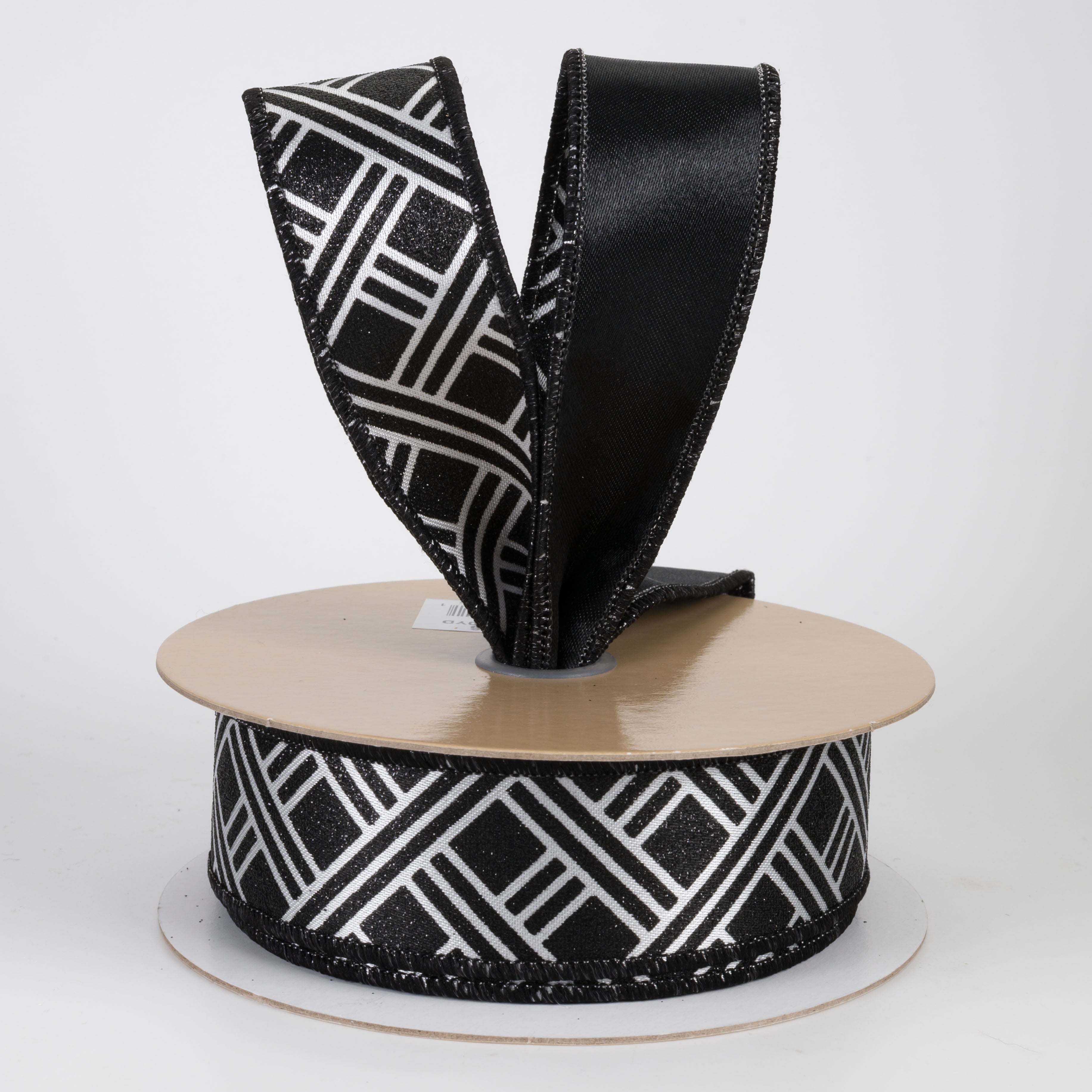 1.5" Double Sided Fused Metallic Basketweave Ribbon: Black & White (10 Yards)
