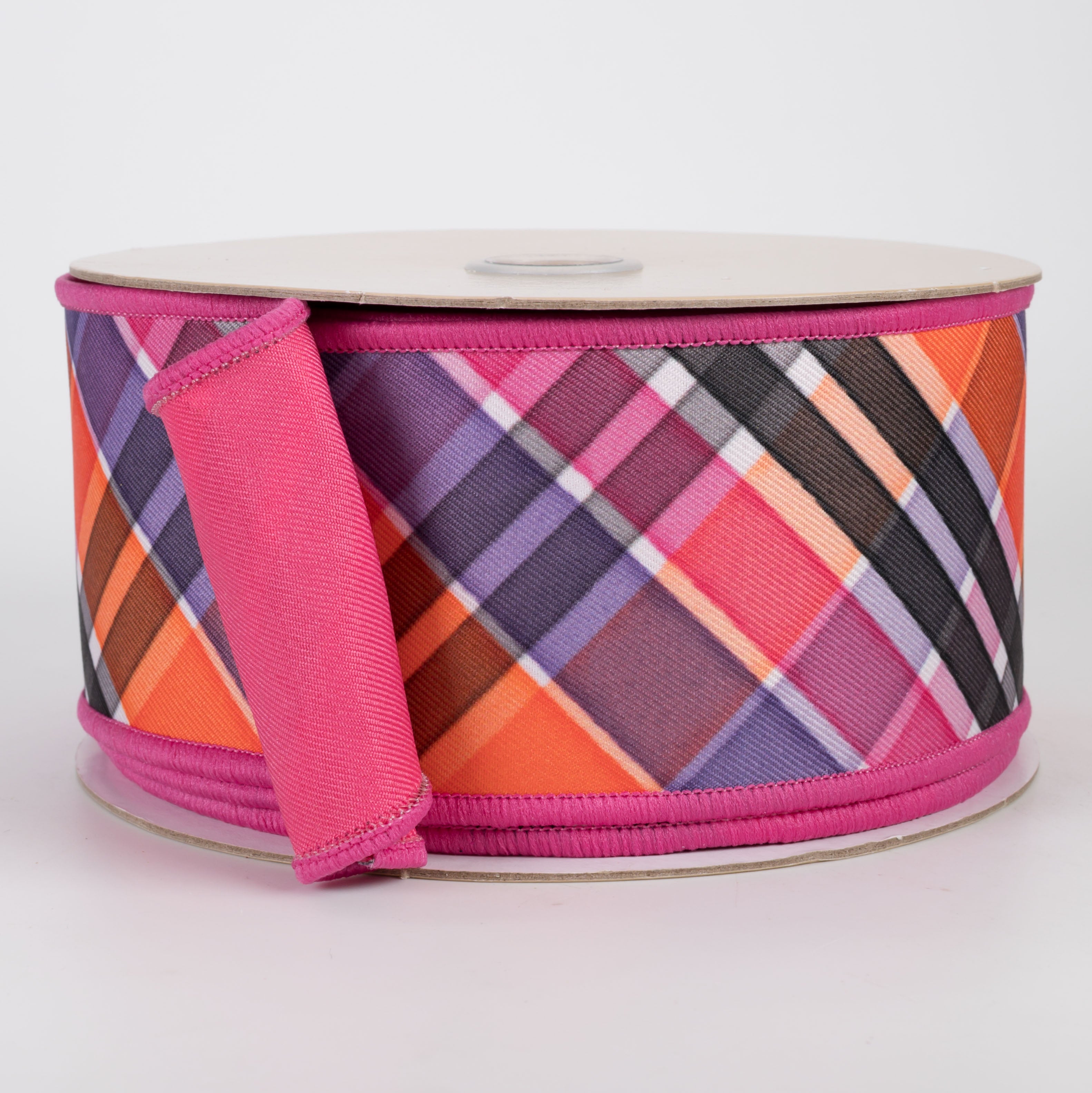 2.5" Double Sided Fused Halloween Plaid Ribbon: Hot Pink, Orange & Purple (10 Yards)