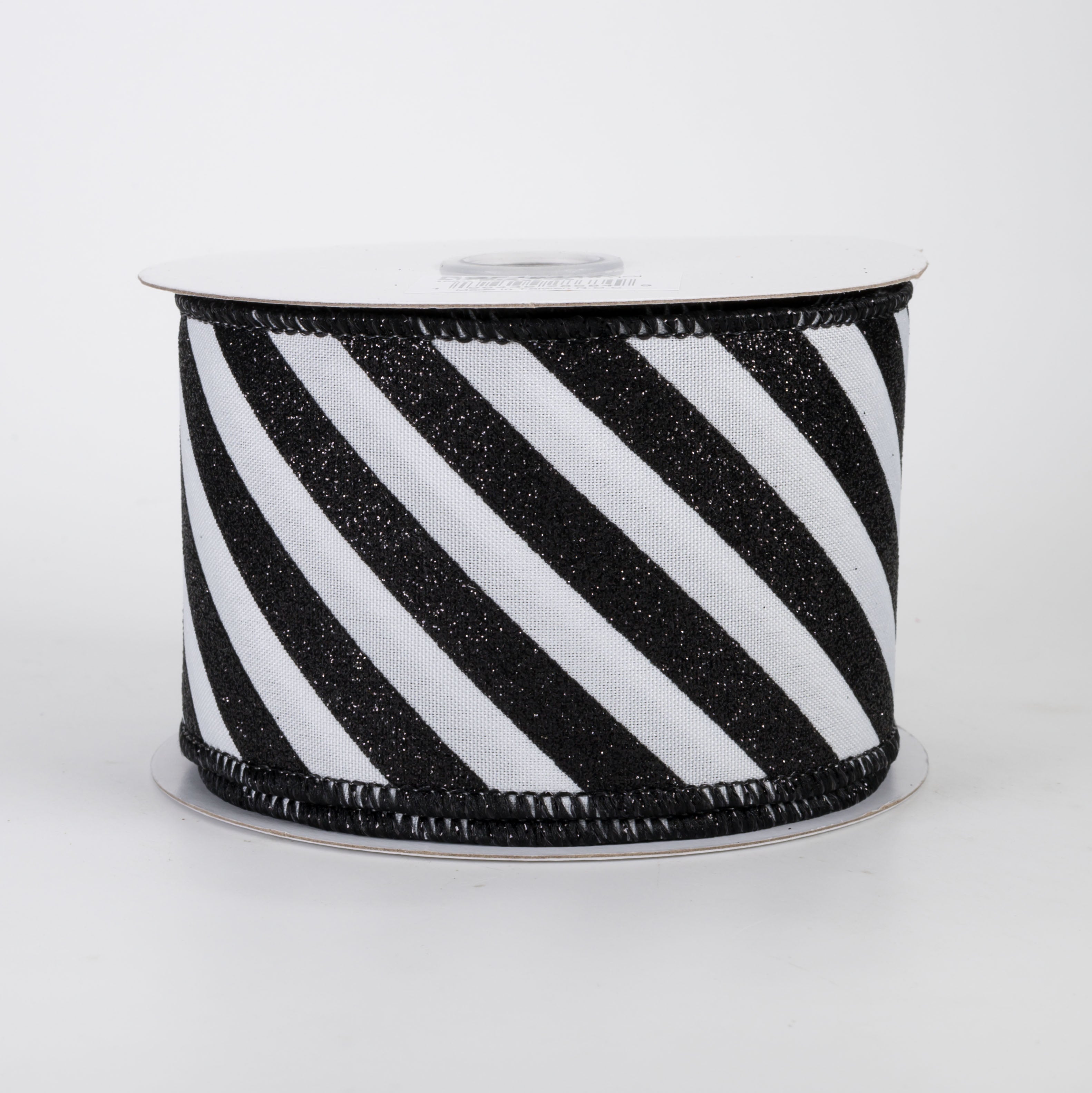 2.5" Diagonal Glitter Stripe Ribbon: Black on White (10 Yards)