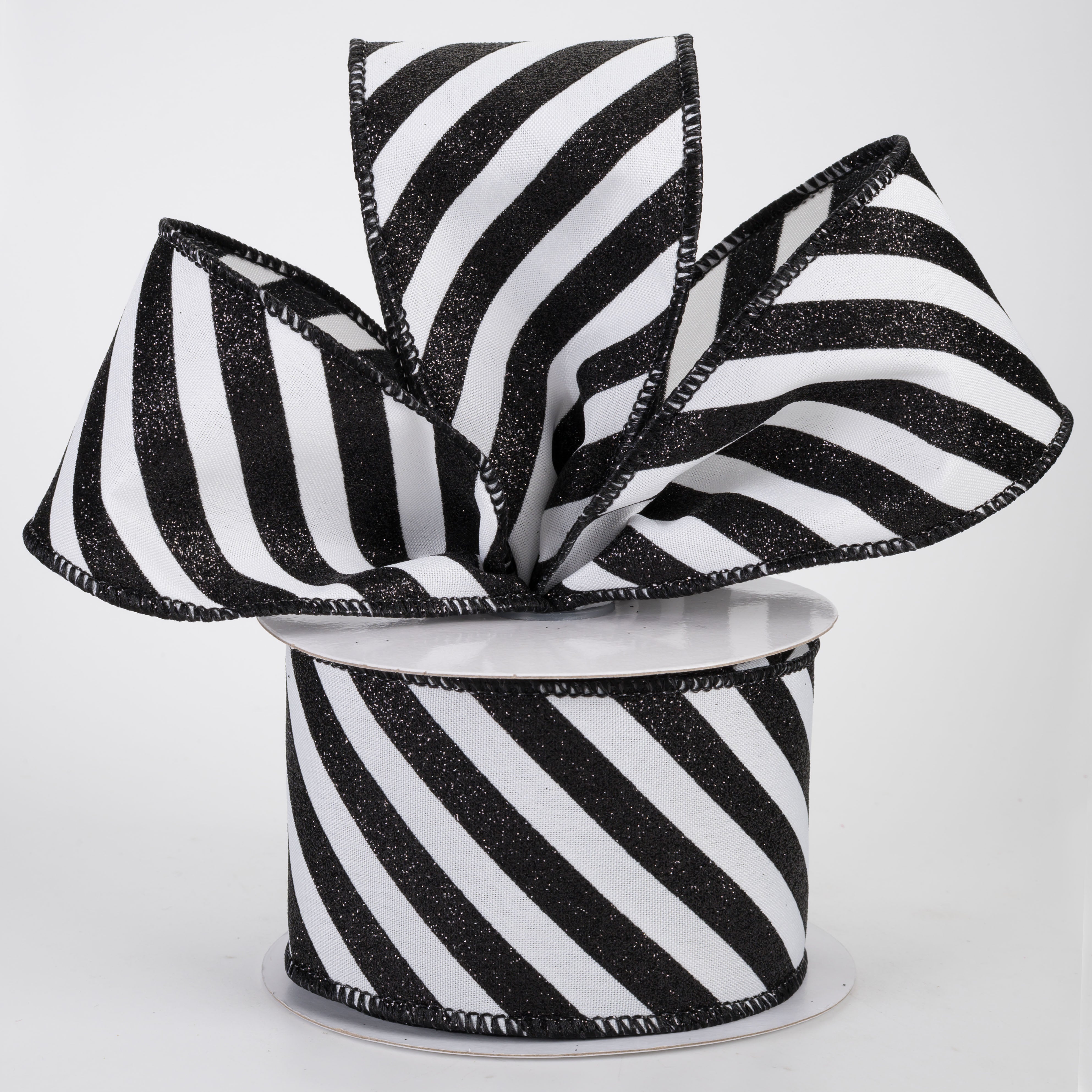 2.5" Diagonal Glitter Stripe Ribbon: Black on White (10 Yards)