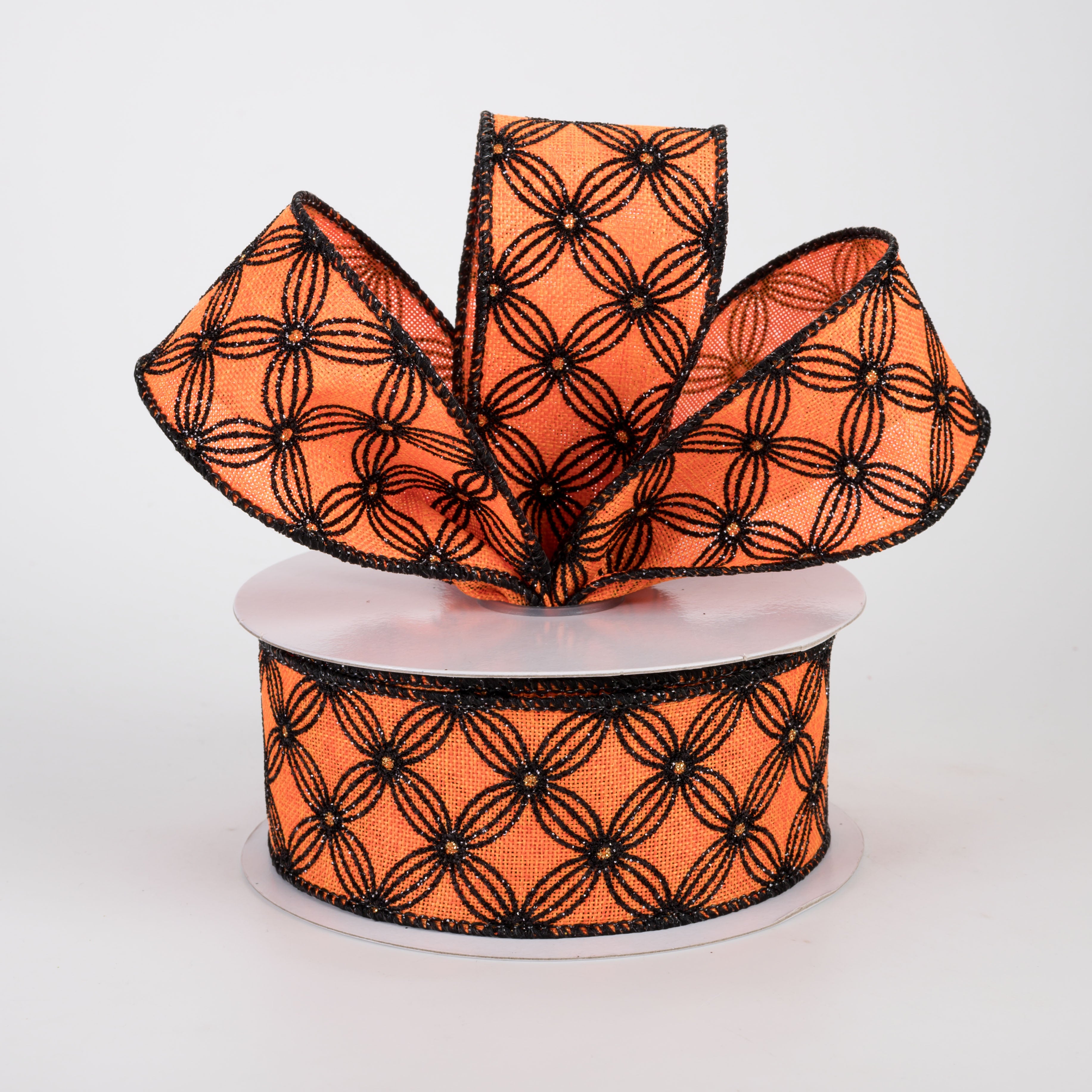 1.5" Quatrefoil Petal Lattice Ribbon: Black on Orange (10 Yards)
