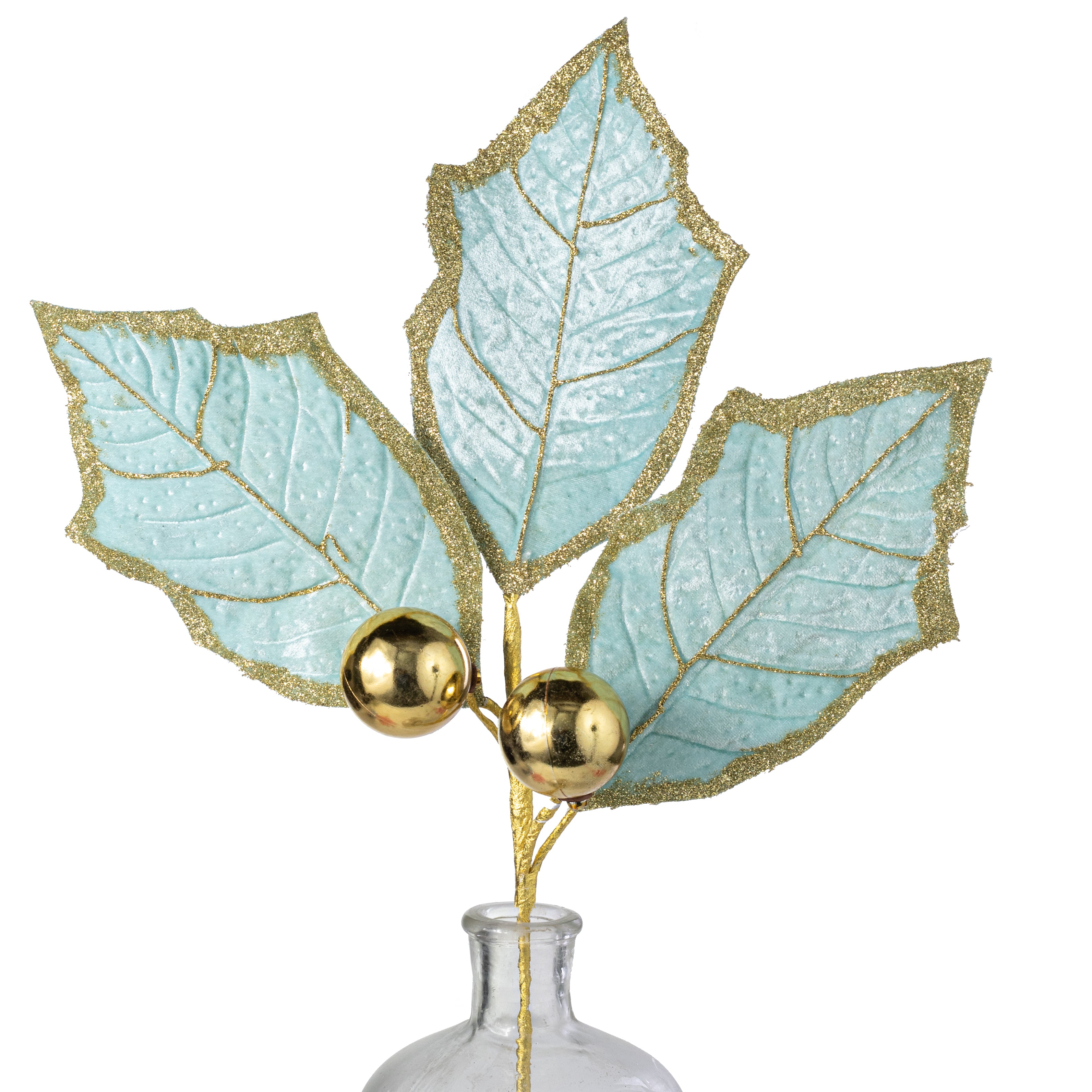 30" Velvet Holly Leaves Spray: Mint Blue & Gold