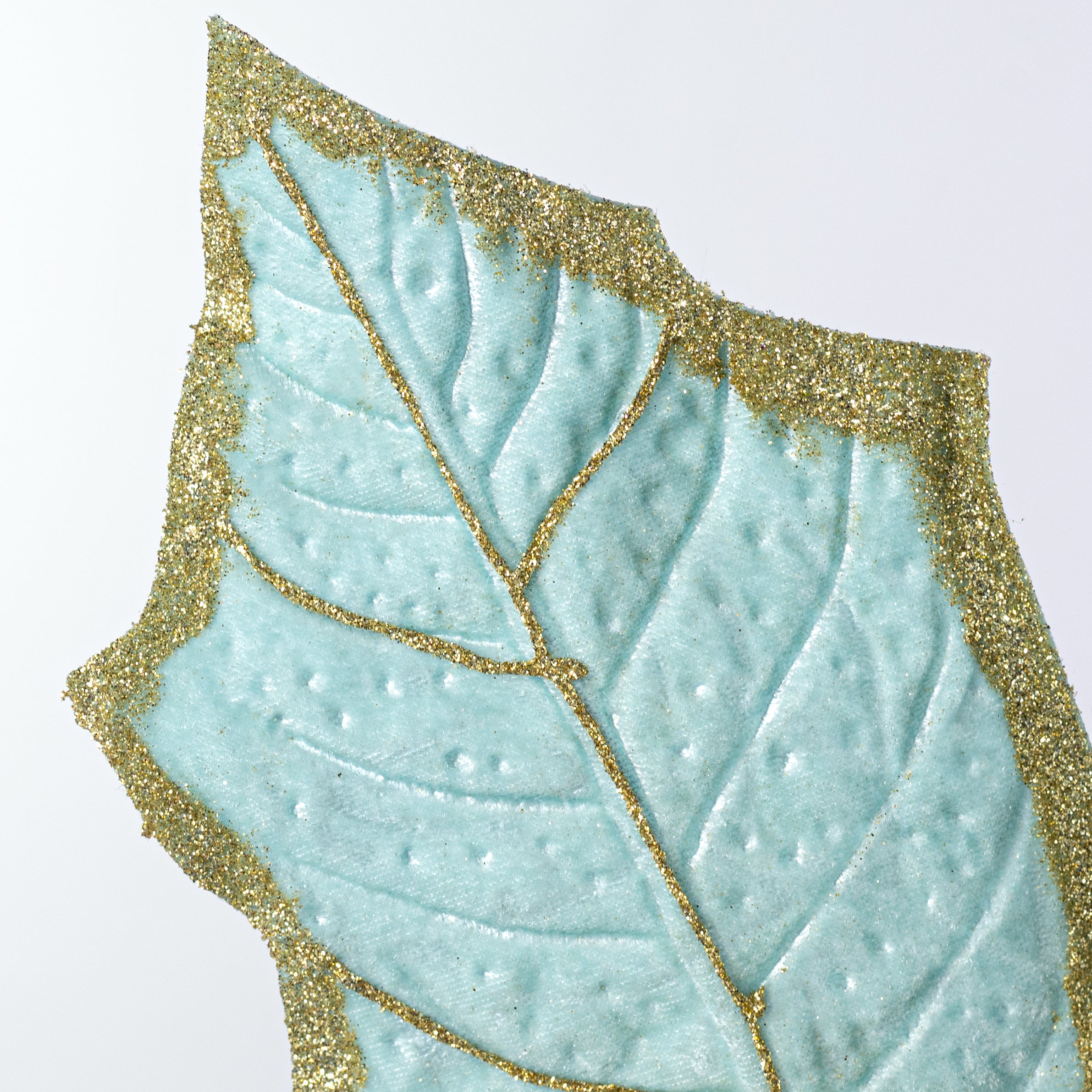 30" Velvet Holly Leaves Spray: Mint Blue & Gold