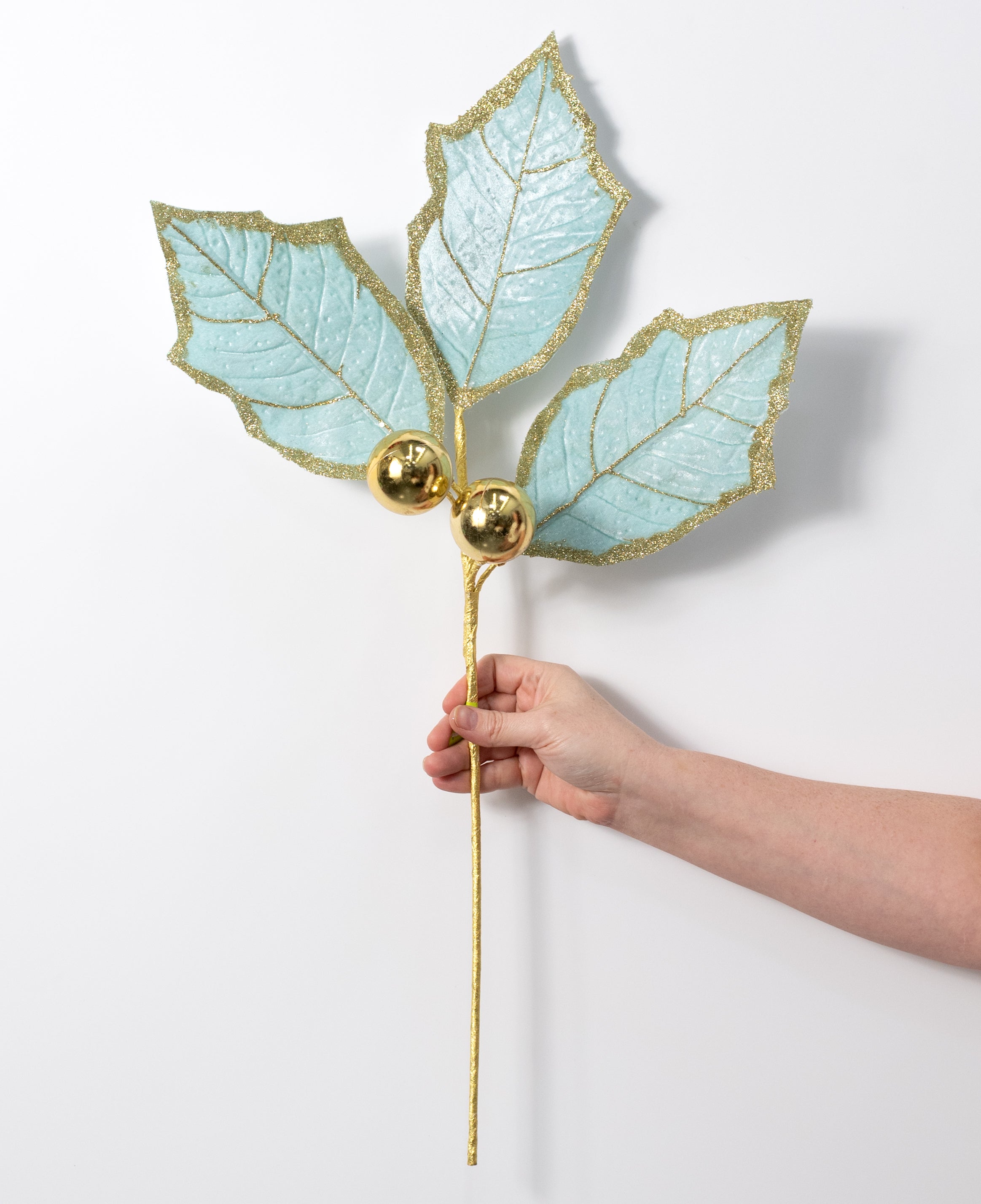 30" Velvet Holly Leaves Spray: Mint Blue & Gold