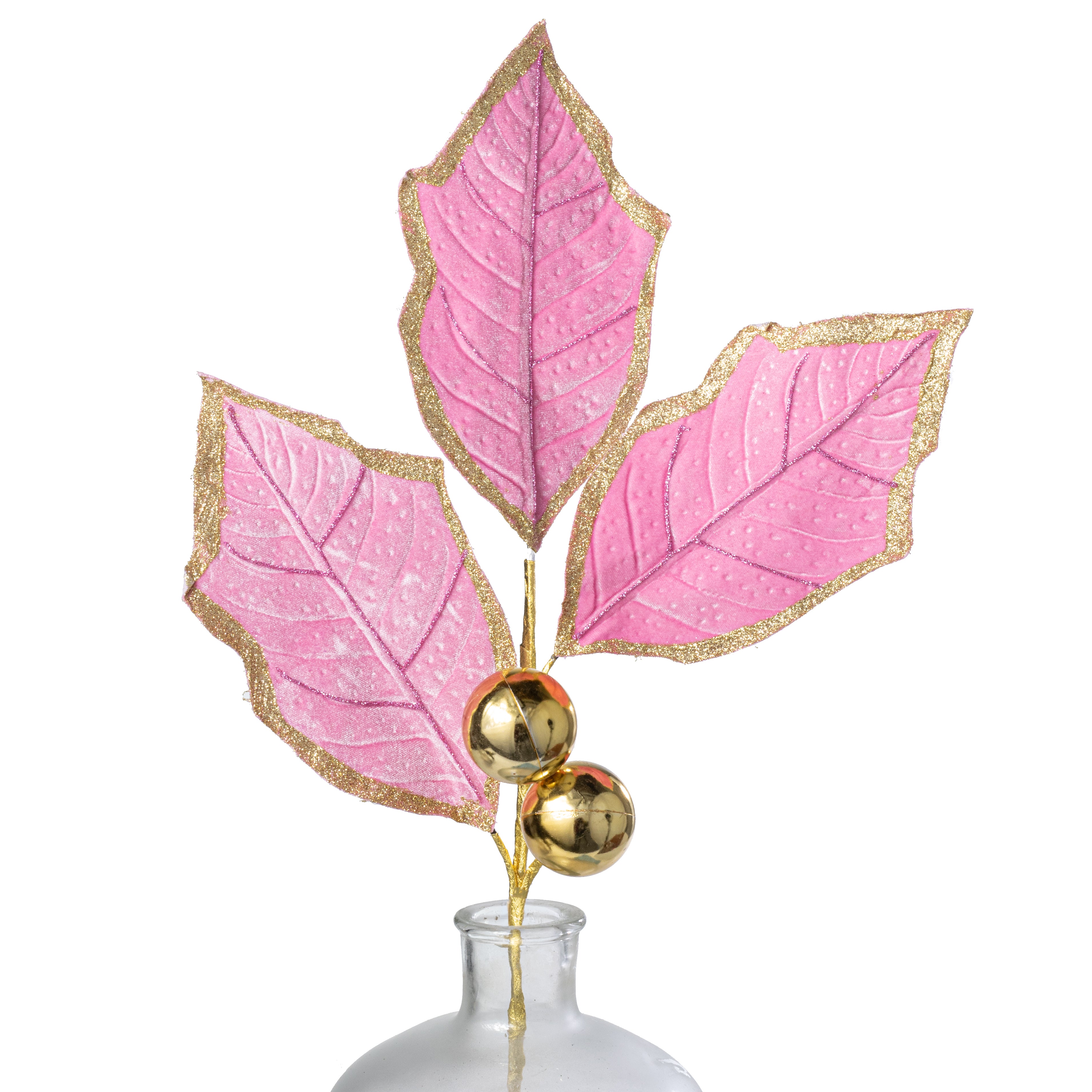 30" Velvet Holly Leaves Spray: Pink & Gold