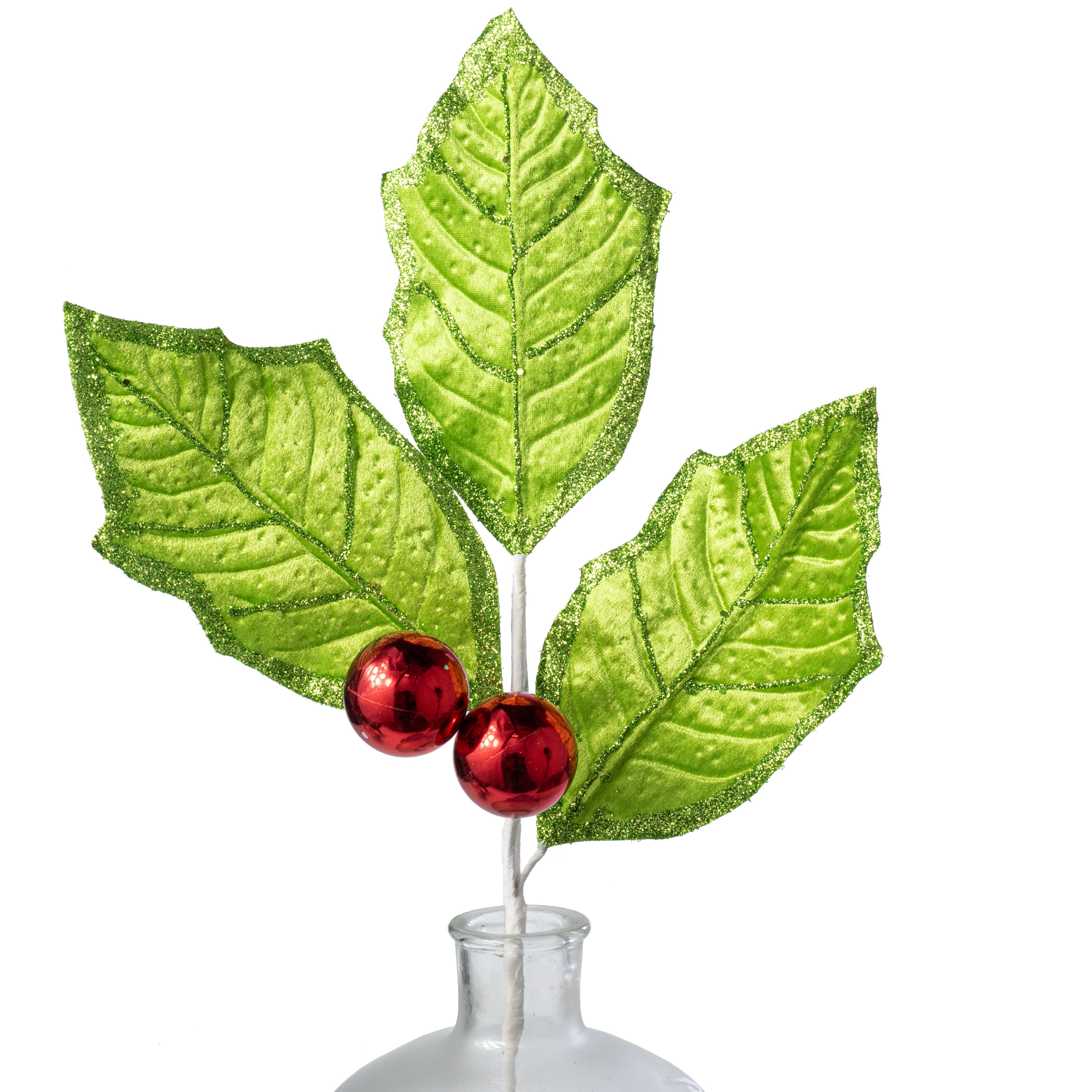 30" Velvet Holly Leaves Spray: Lime Green & Red