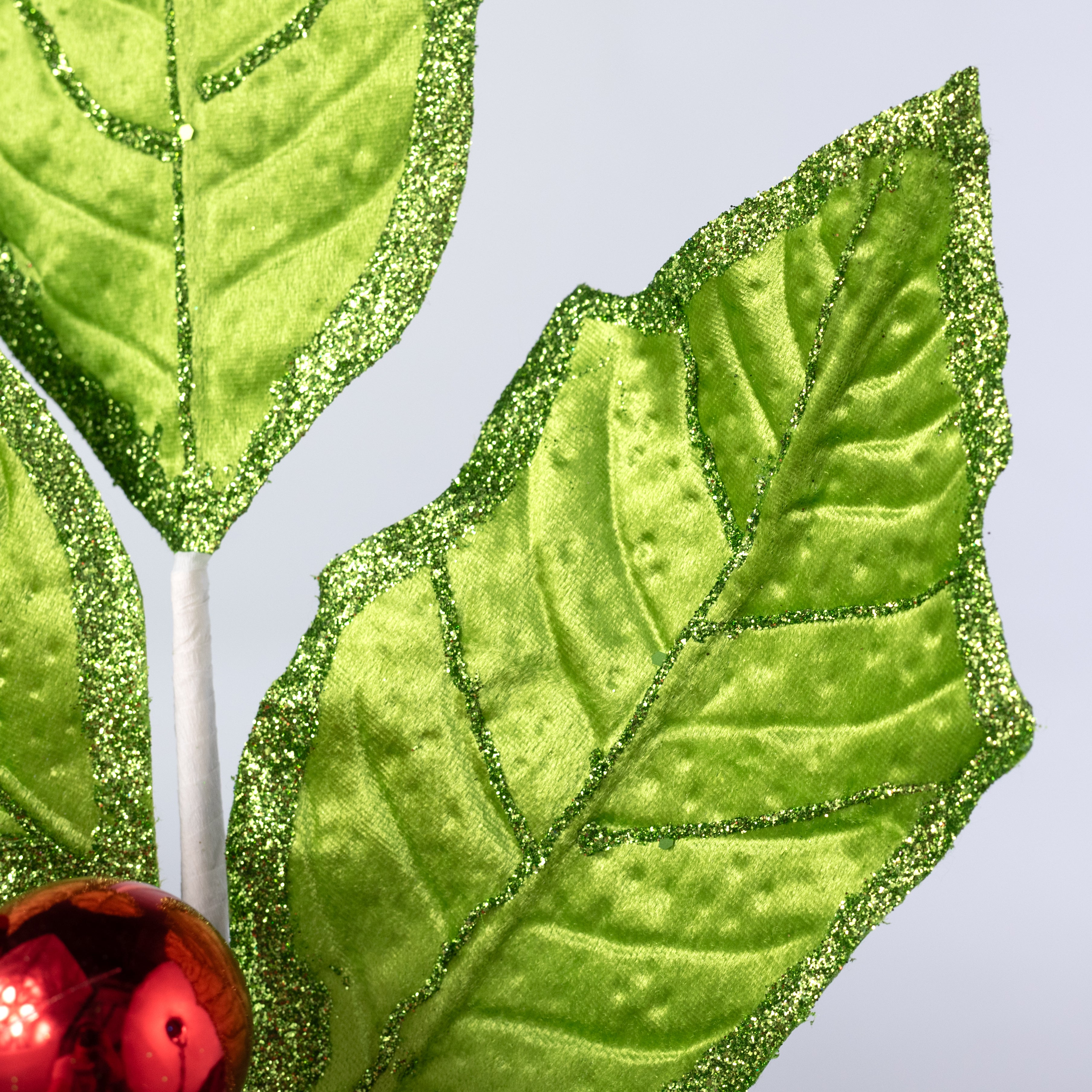 30" Velvet Holly Leaves Spray: Lime Green & Red