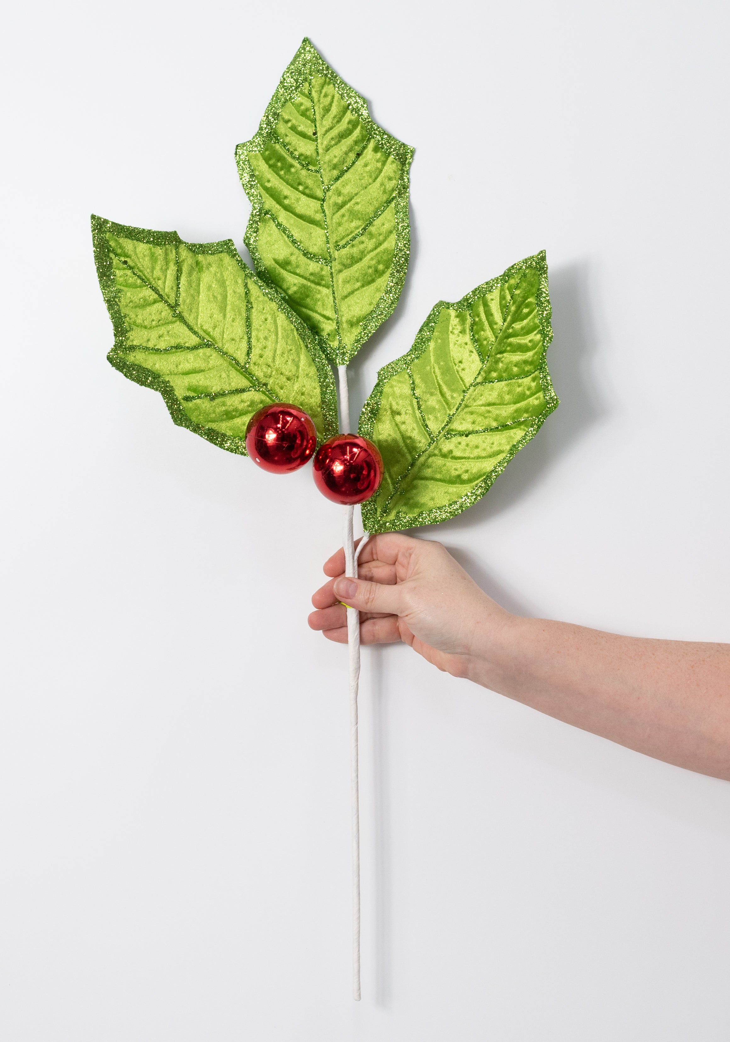 30" Velvet Holly Leaves Spray: Lime Green & Red