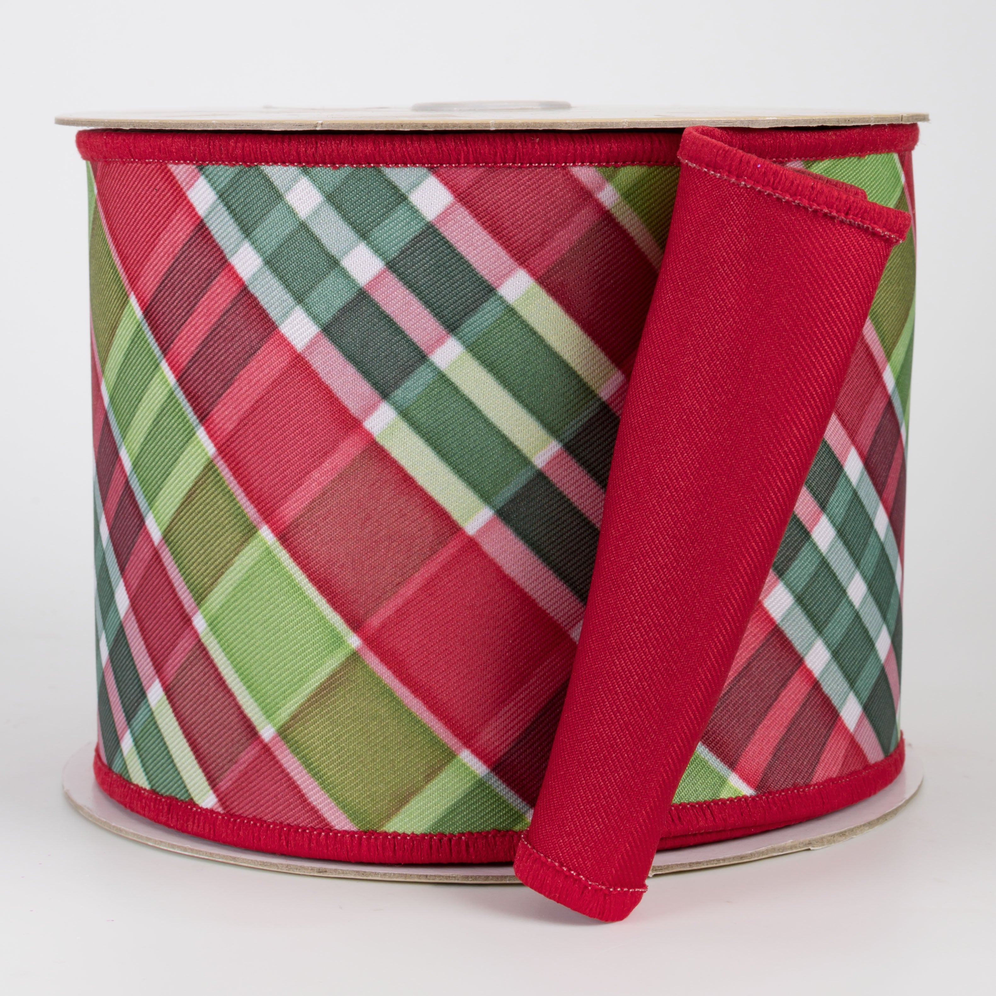 4" Double Sided Fused Christmas Plaid Ribbon: Red, Emerald & Lime (10 Yards)