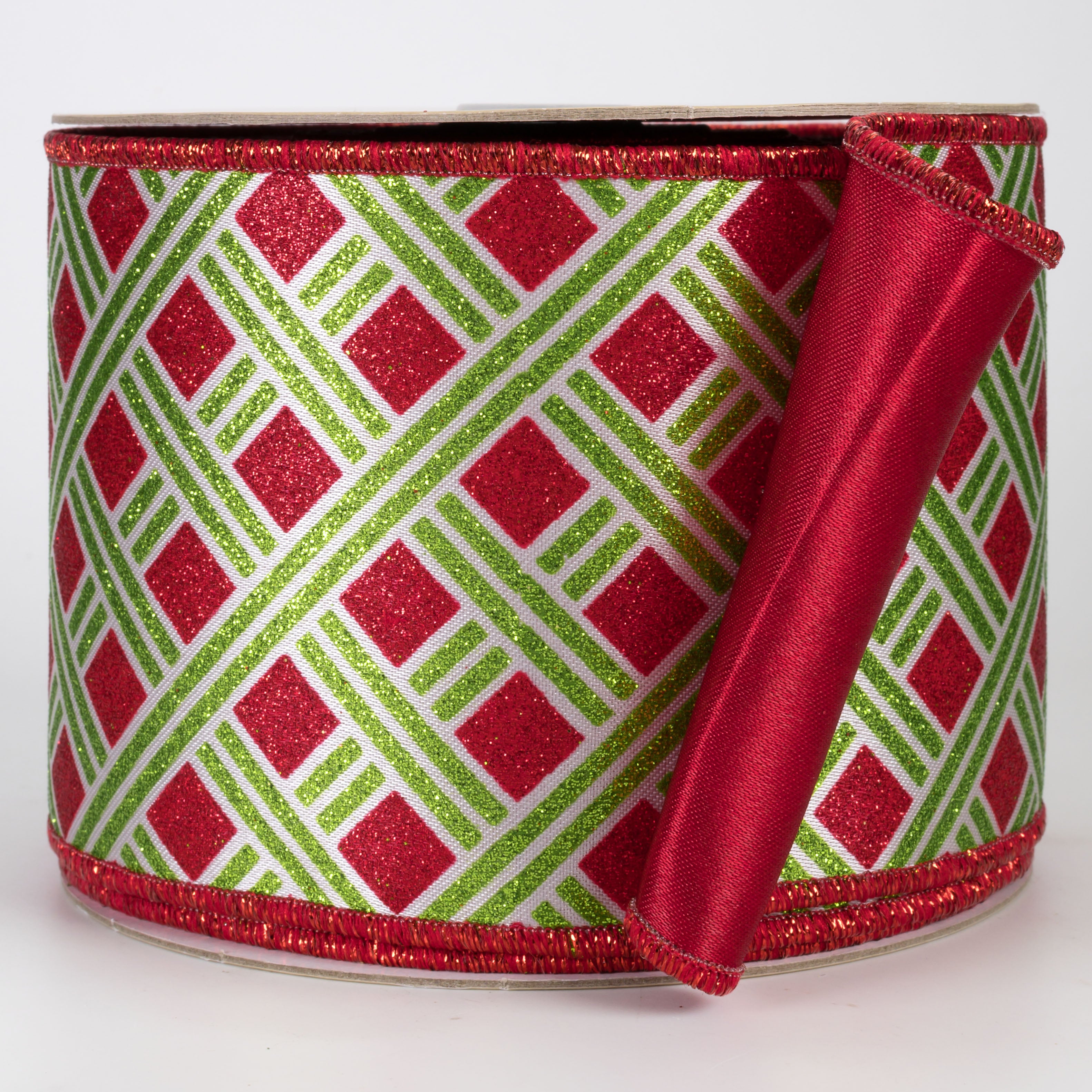 4" Double Sided Fused Metallic Basketweave Ribbon: Lime Green & Red (10 Yards)