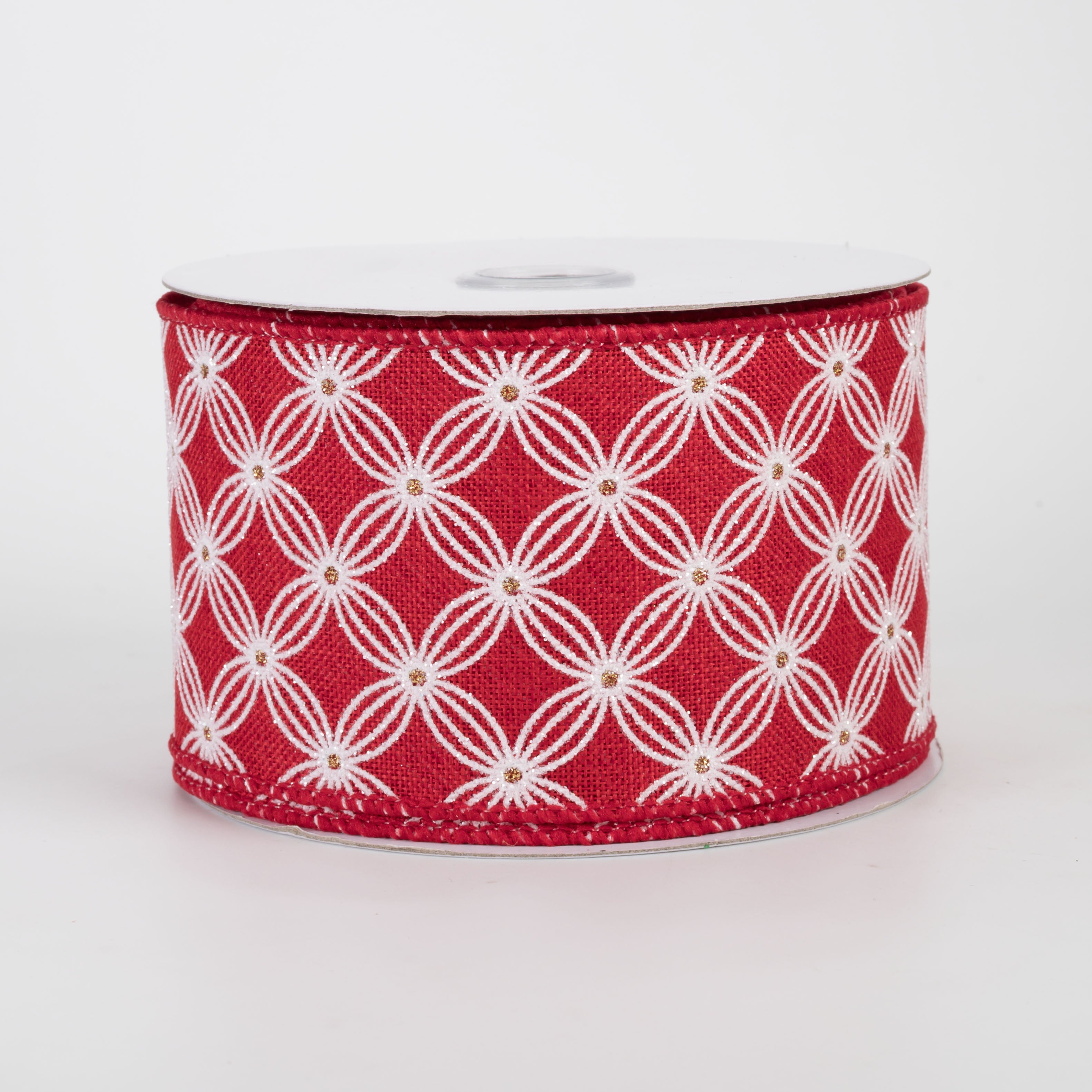 2.5" Quatrefoil Petal Lattice Ribbon: White & Gold on Red (10 Yards)
