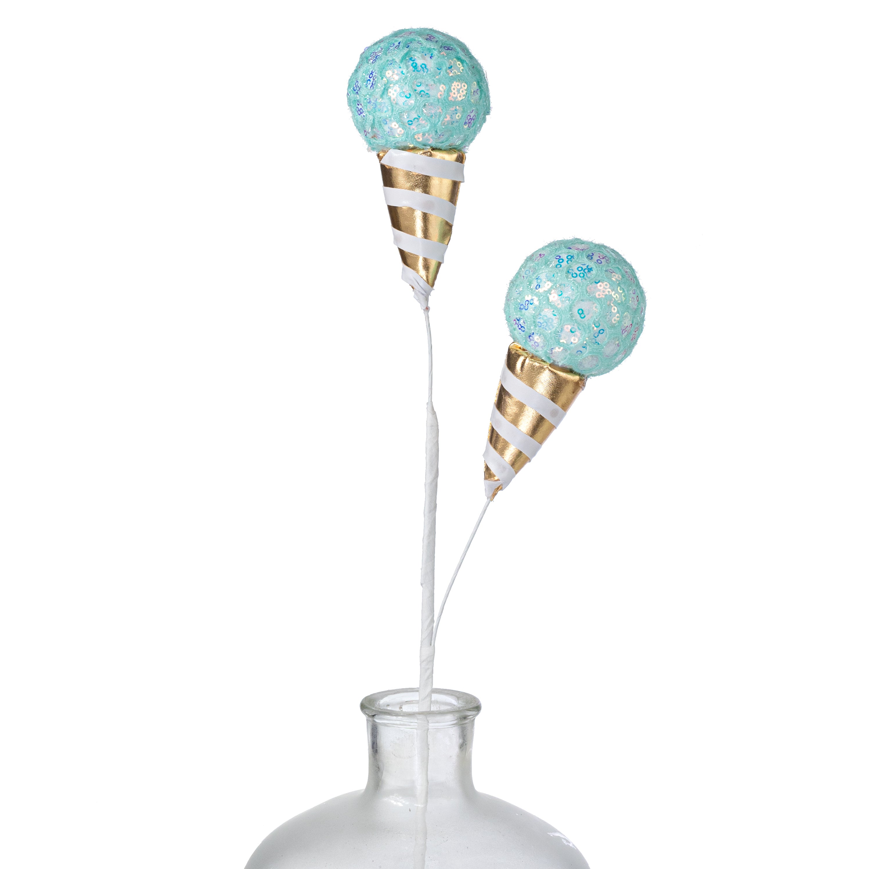 24" Mesh Sequin Ice Cream Cone Spray: Mint Blue & Gold