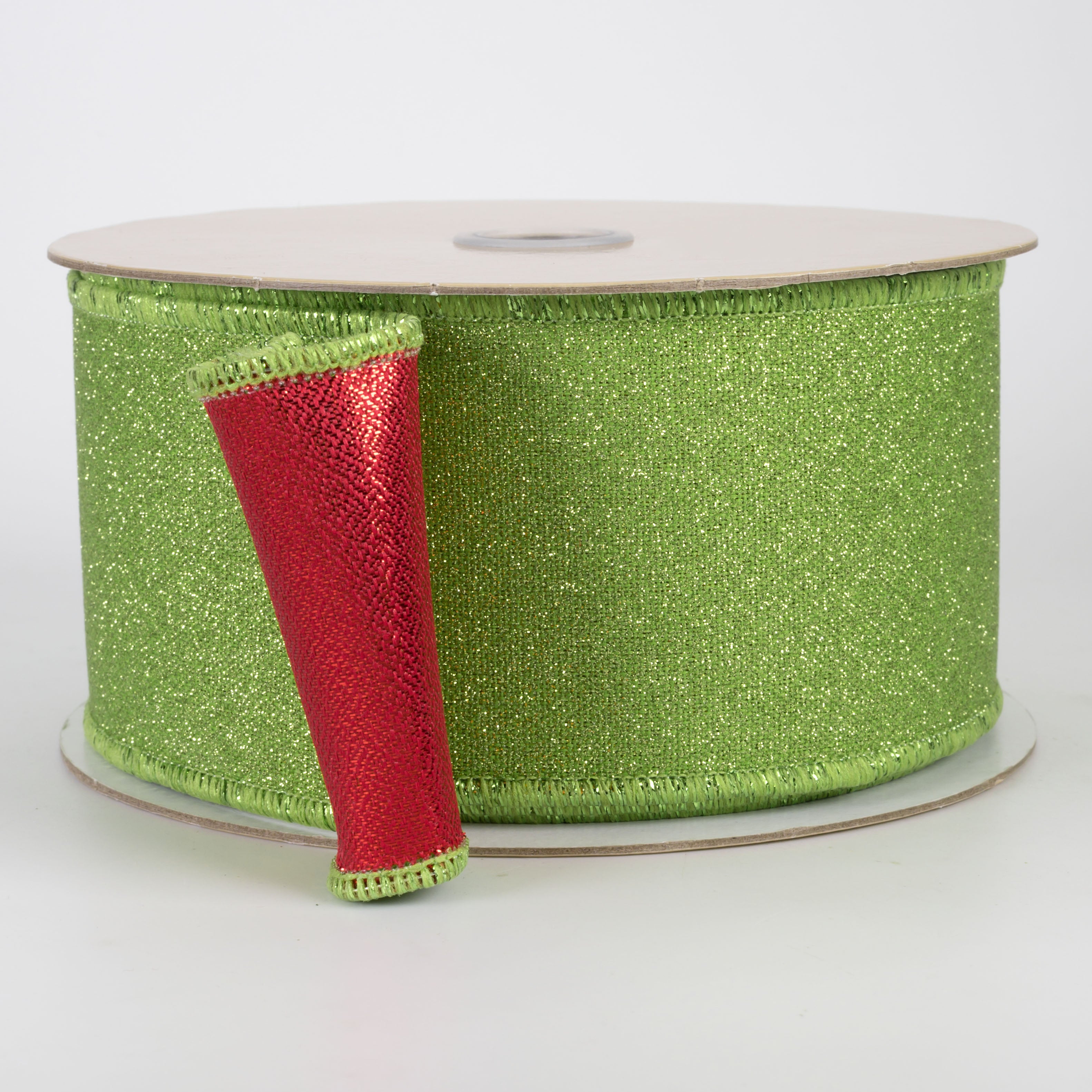 2.5" Double Sided Fused Fine Glitter Ribbon: Fresh Green & Red (10 Yards)
