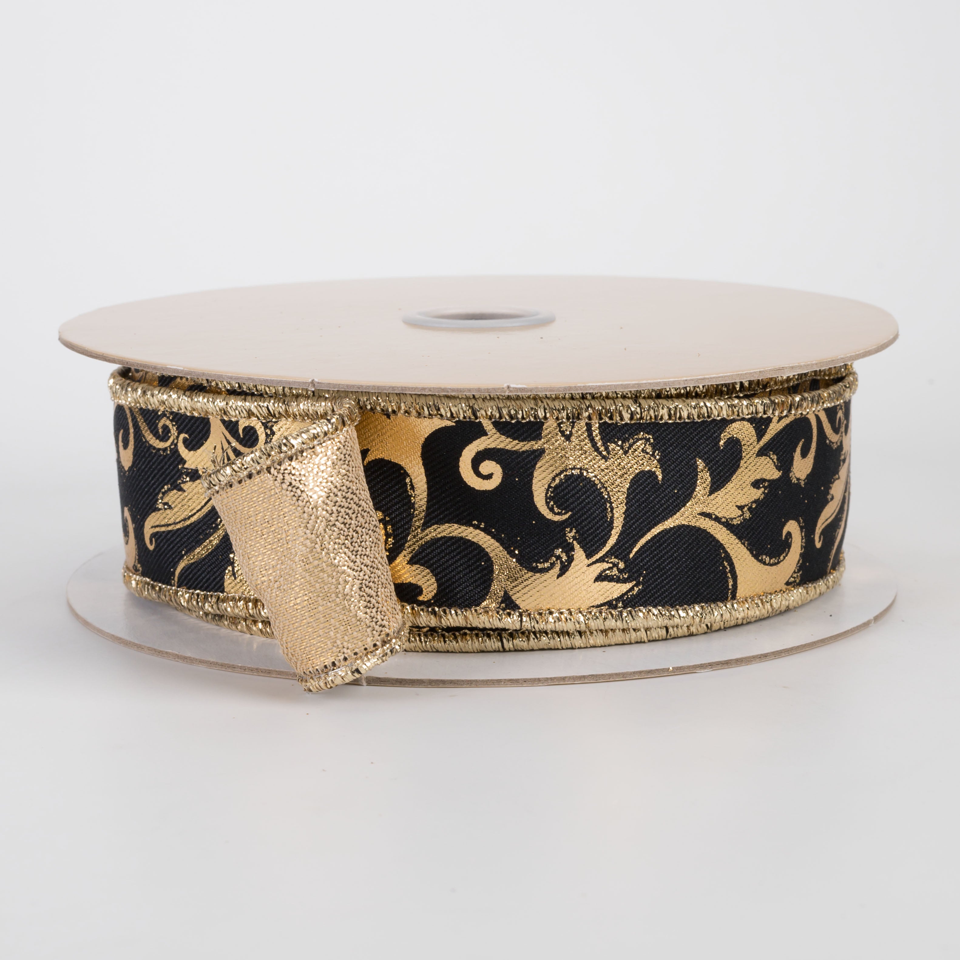 1.5" Double Sided Fused Metallic Swirl Leaf Ribbon: Black & Gold (10 Yards)
