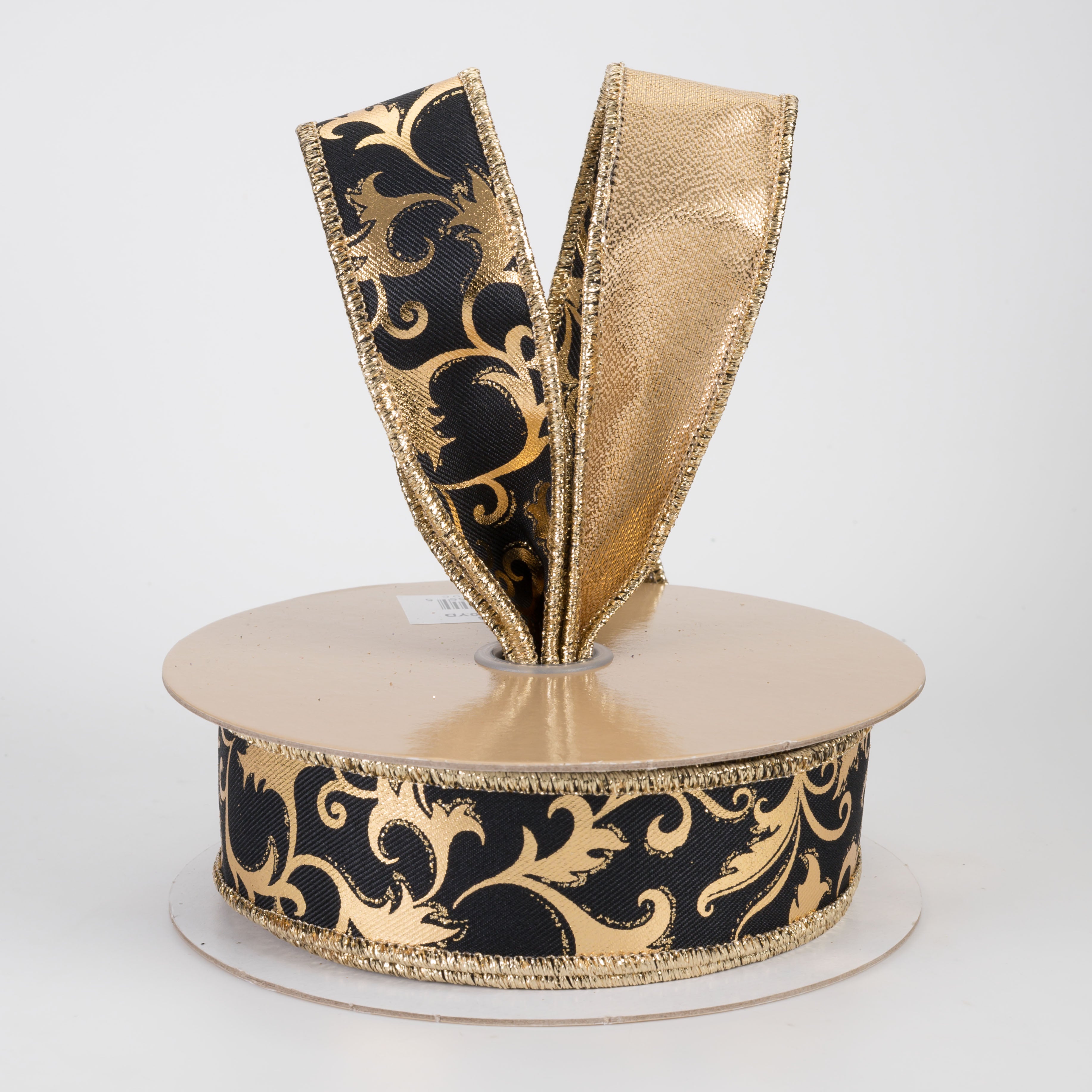 1.5" Double Sided Fused Metallic Swirl Leaf Ribbon: Black & Gold (10 Yards)