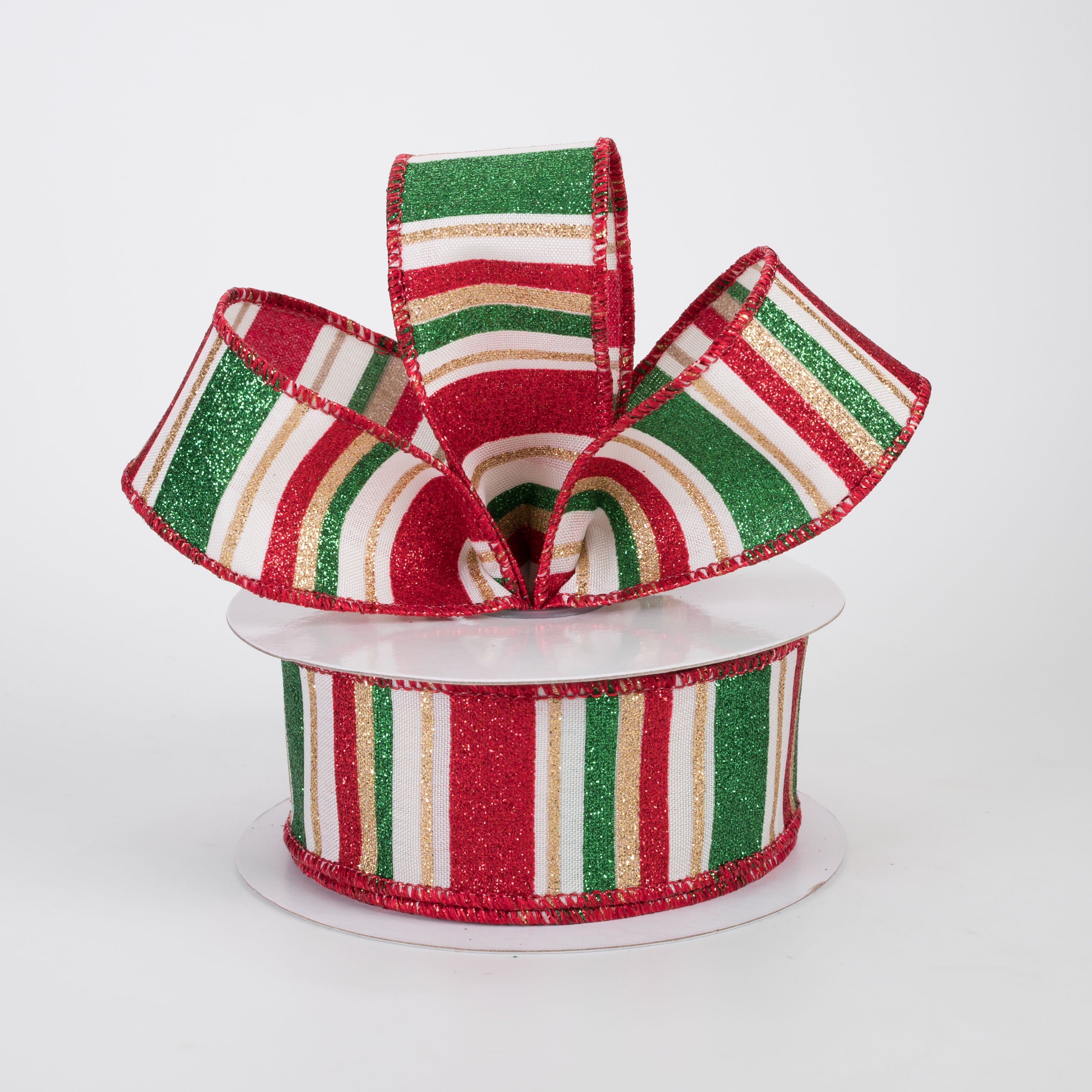 1.5" Multi Glitter Stripes Ribbon: Traditional Christmas on Cream (10 Yards)
