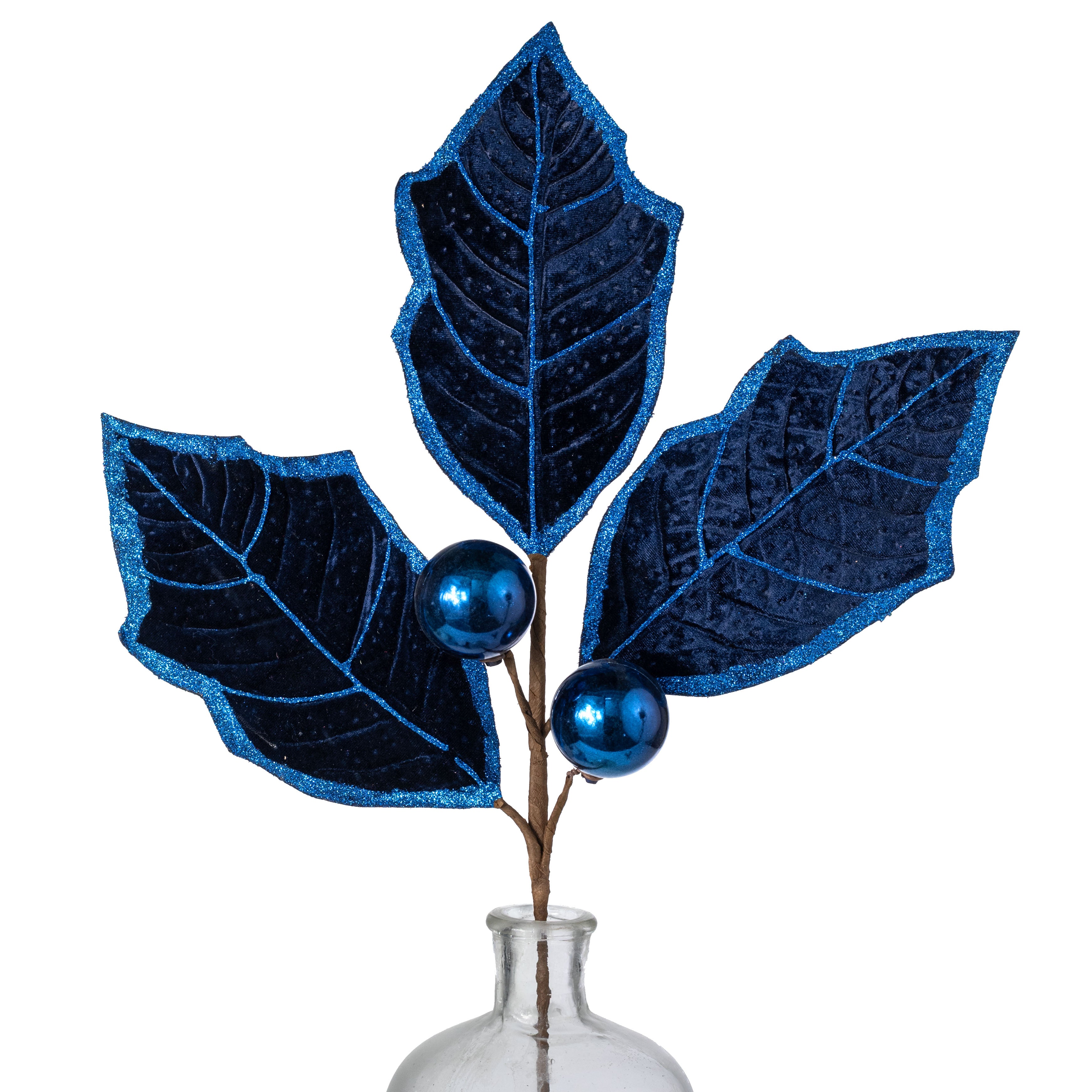 30" Velvet Holly Leaves Spray: Navy Blue