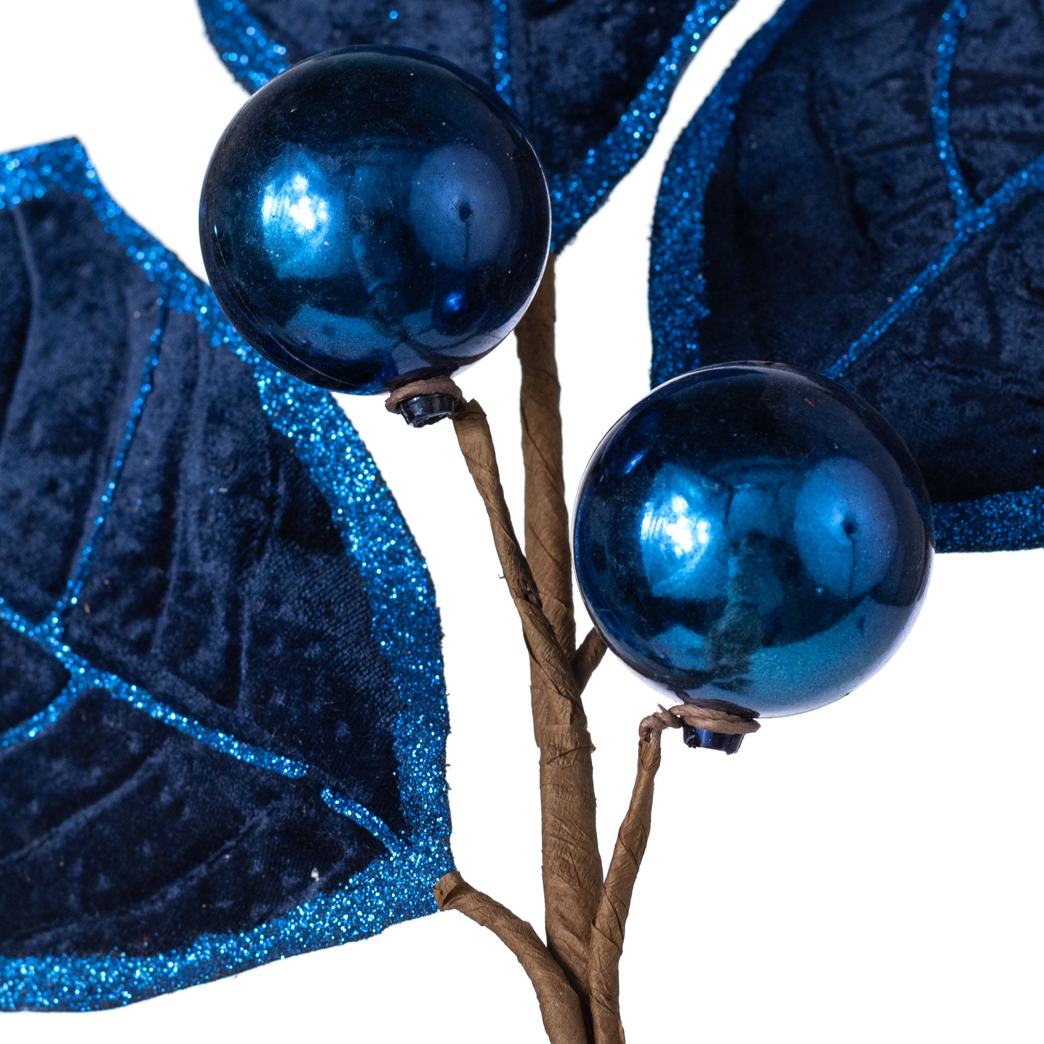30" Velvet Holly Leaves Spray: Navy Blue
