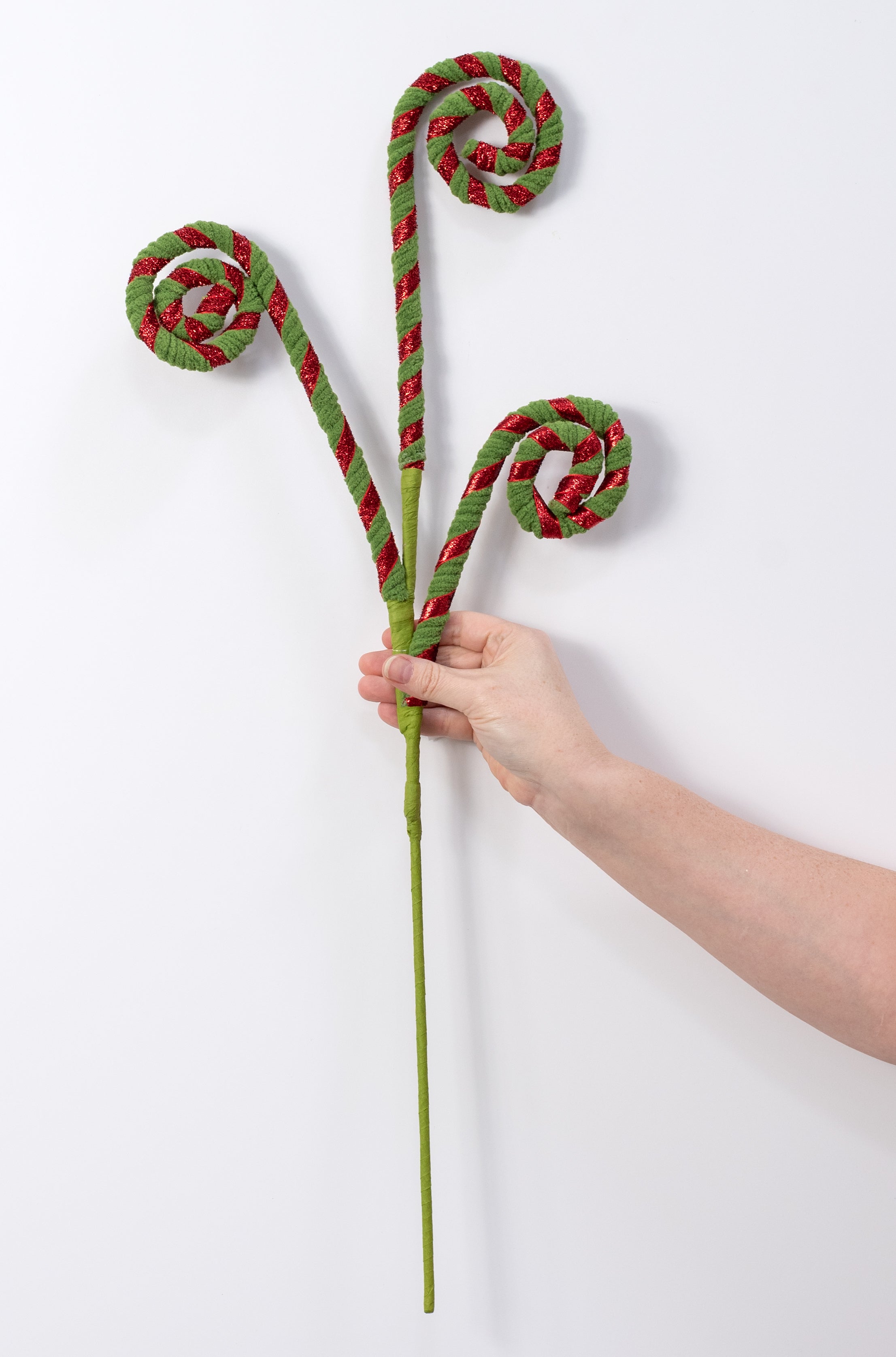 28" Chenille Stripes Curly Spray: Green & Red