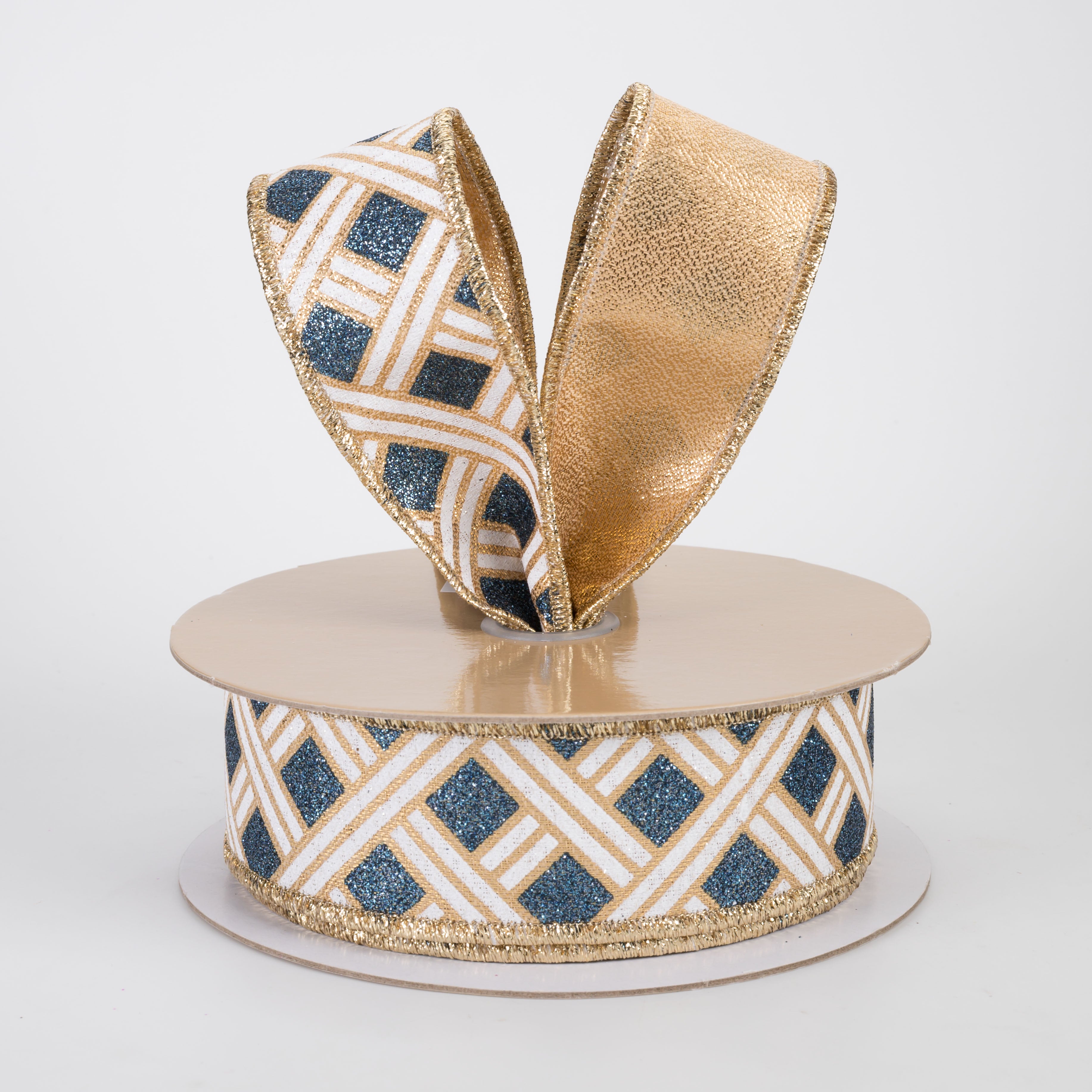 1.5" Double Sided Fused Metallic Basketweave Ribbon: Smoke Blue & Gold (10 Yards)