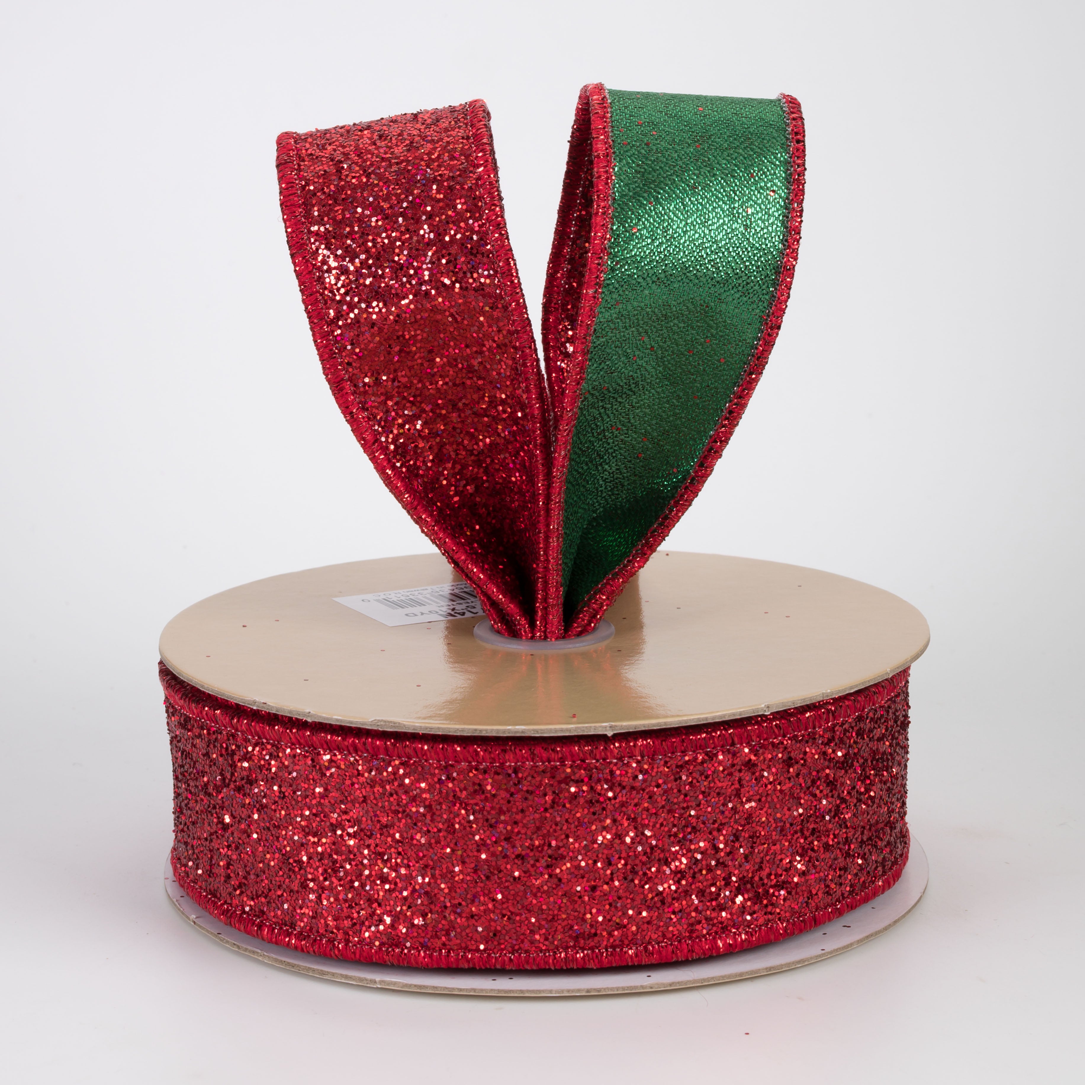 1.5" Double Sided Fused Laser Glitter Ribbon: Red & Emerald Green (10 Yards)