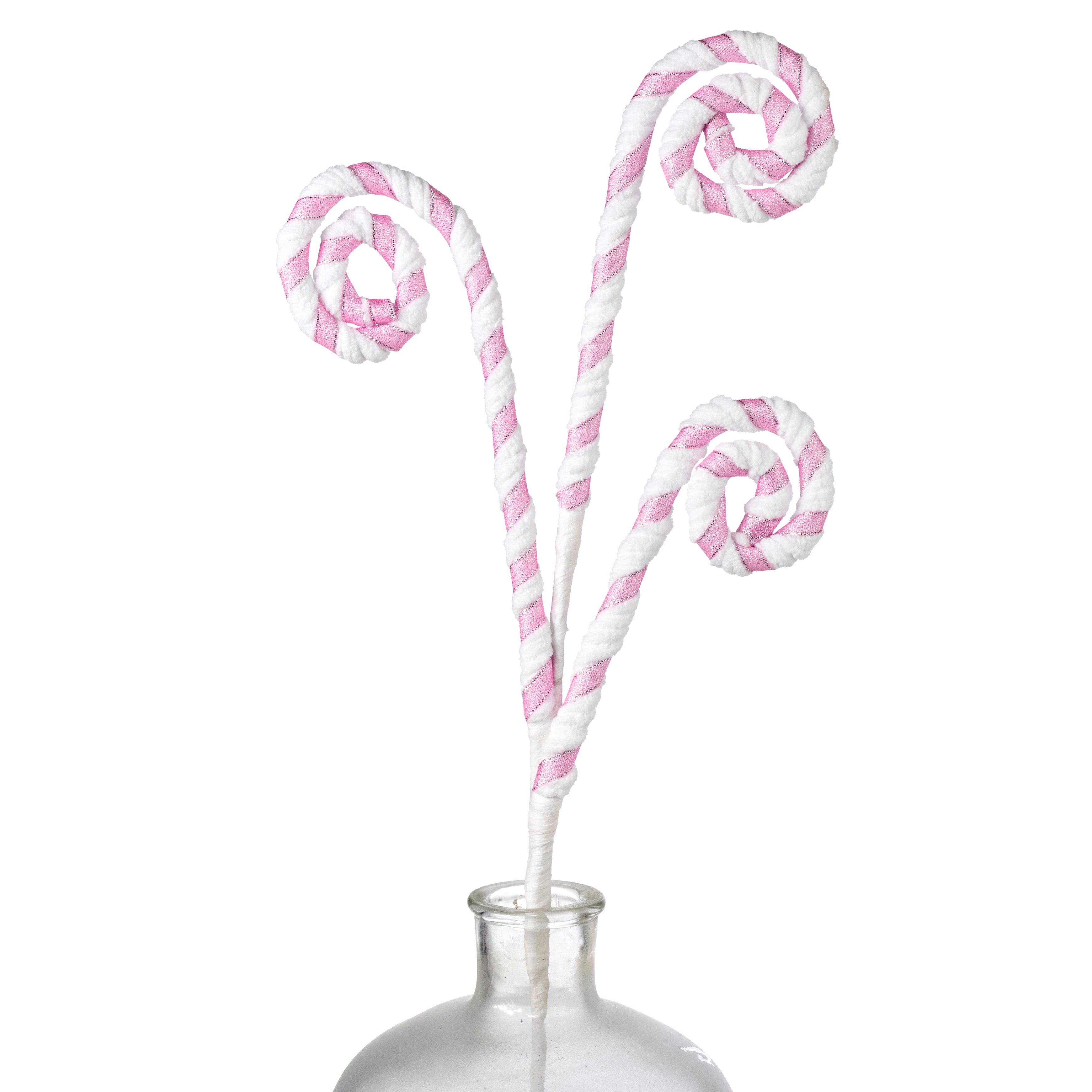 28" Peppermint Chenille Stripes Curly Spray: Pink & White